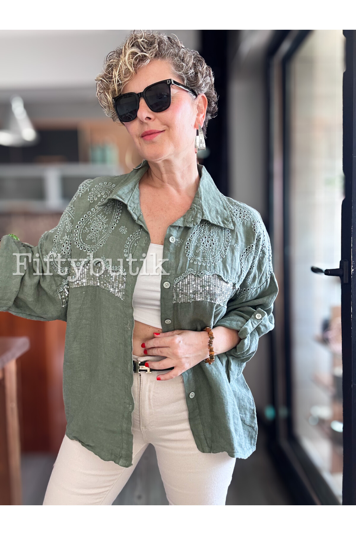 Negroni İtalyan Vip Pul Payet Detay Gömlek Ceket Haki