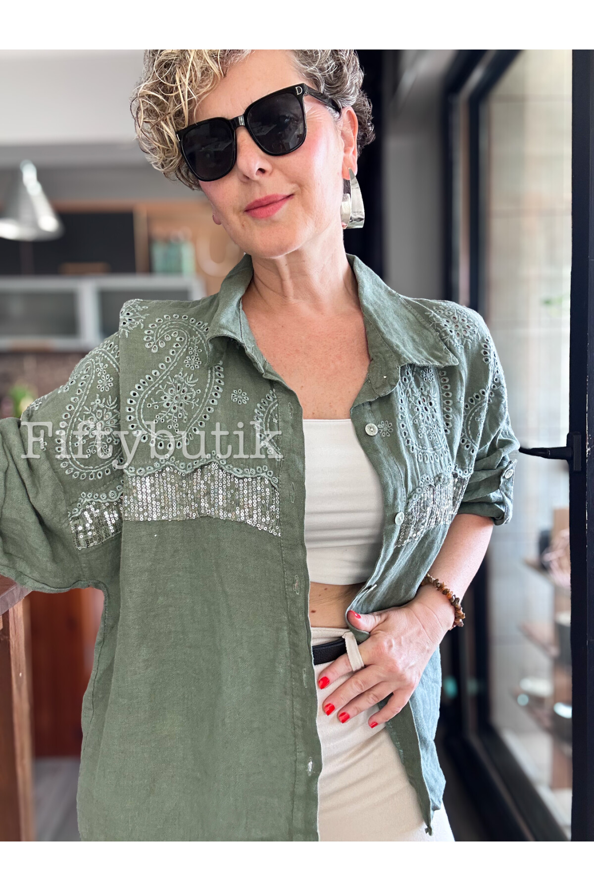 Negroni İtalyan Vip Pul Payet Detay Gömlek Ceket Haki