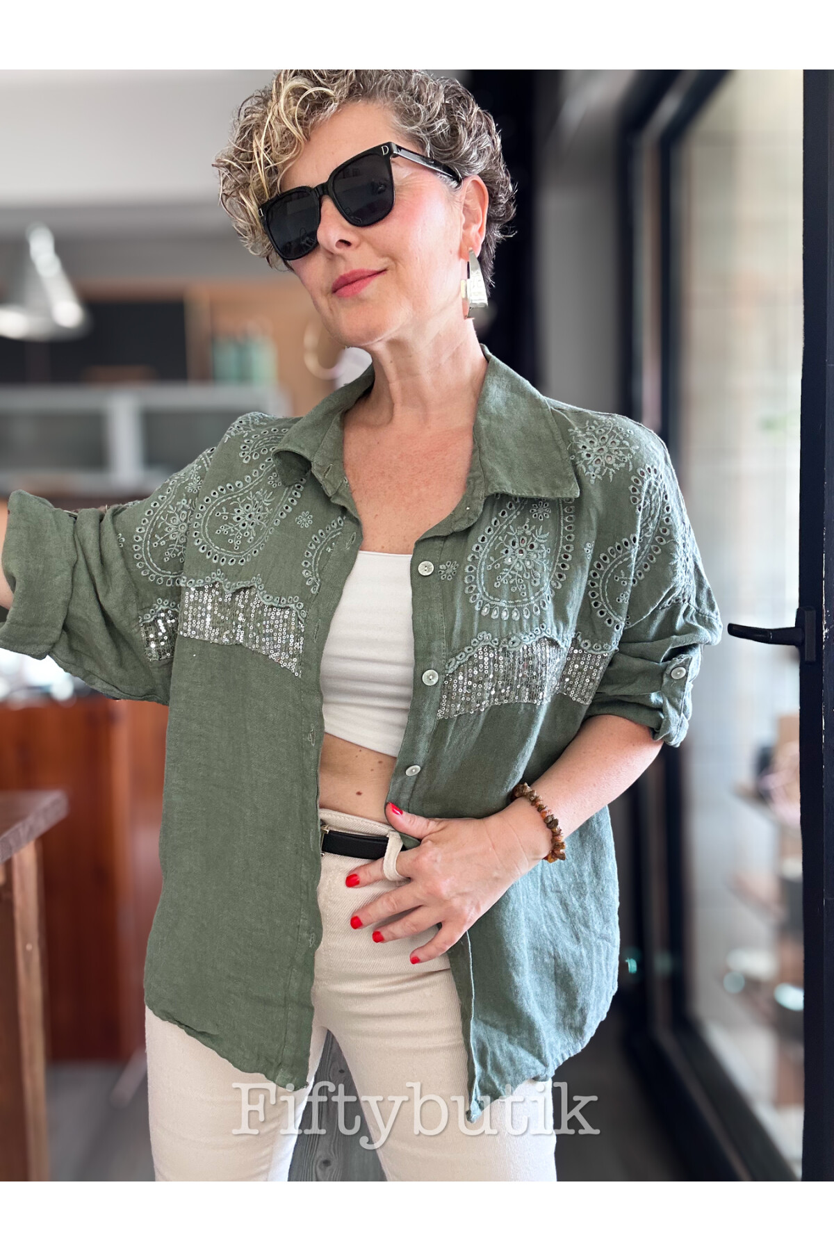 Negroni İtalyan Vip Pul Payet Detay Gömlek Ceket Haki