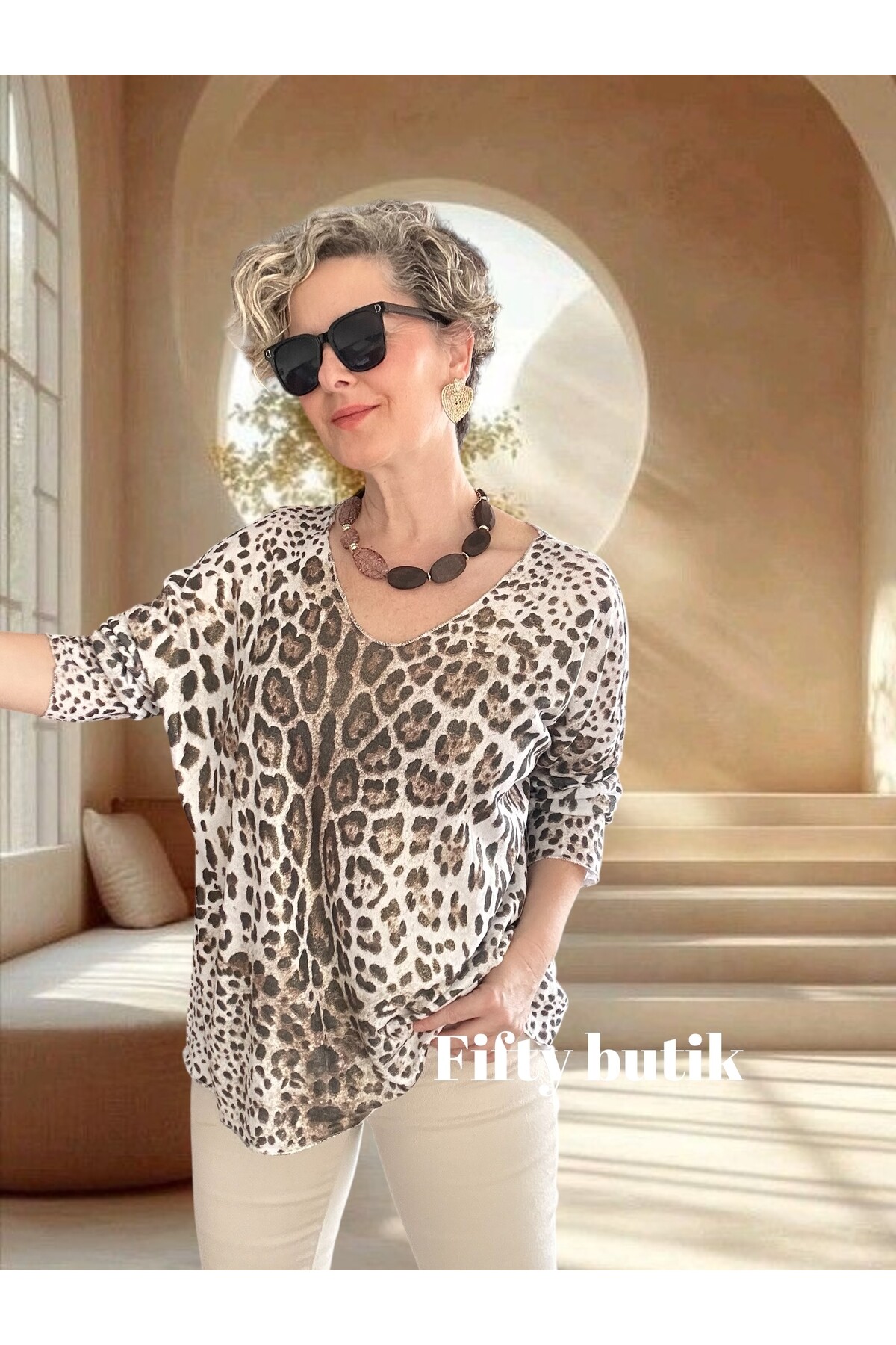 Nerro İtalyan Varak Baskı Leopar Bluz Beyaz