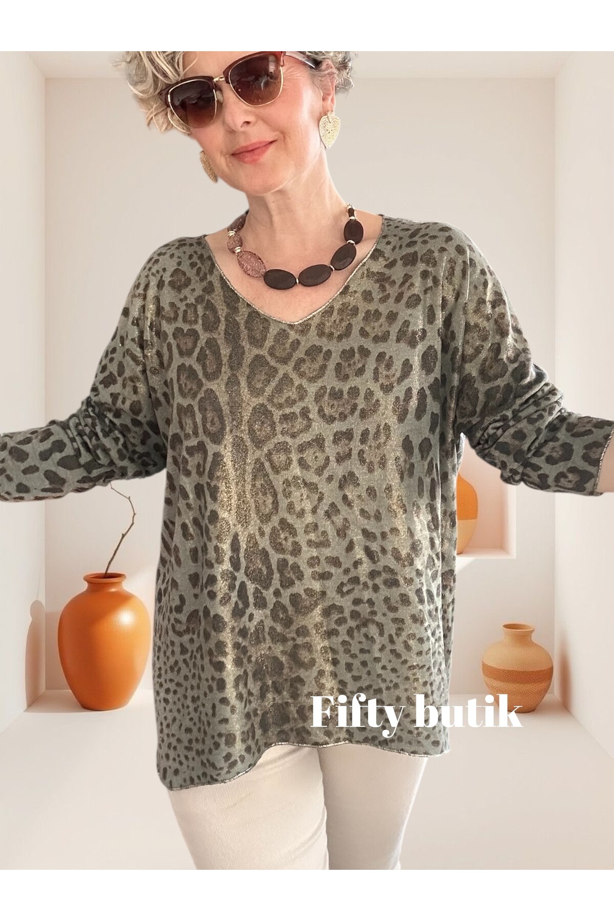 Nerro İtalyan Varak Baskı Leopar Bluz Haki