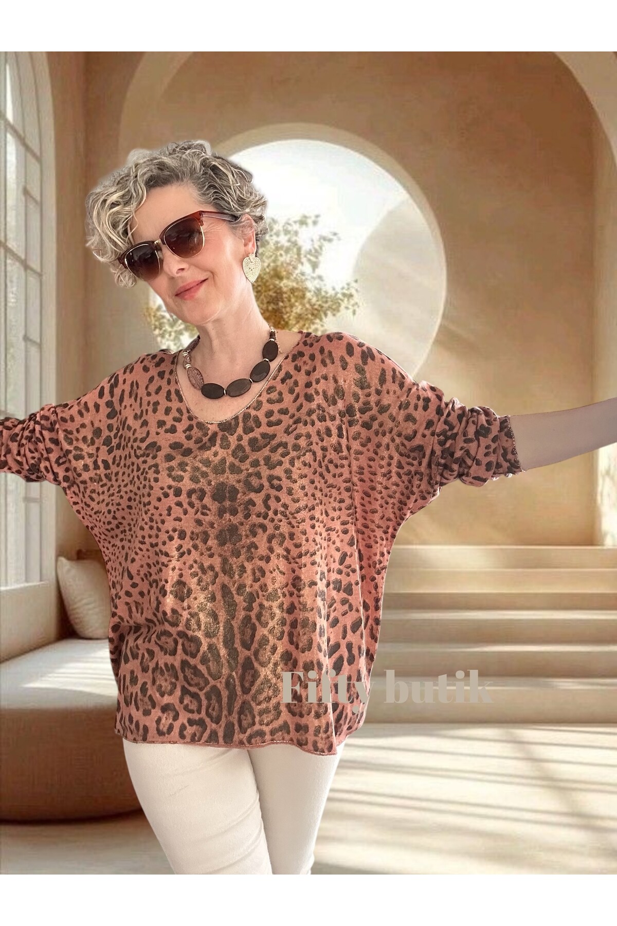 Nerro İtalyan Varak Baskı Leopar Bluz Kiremit