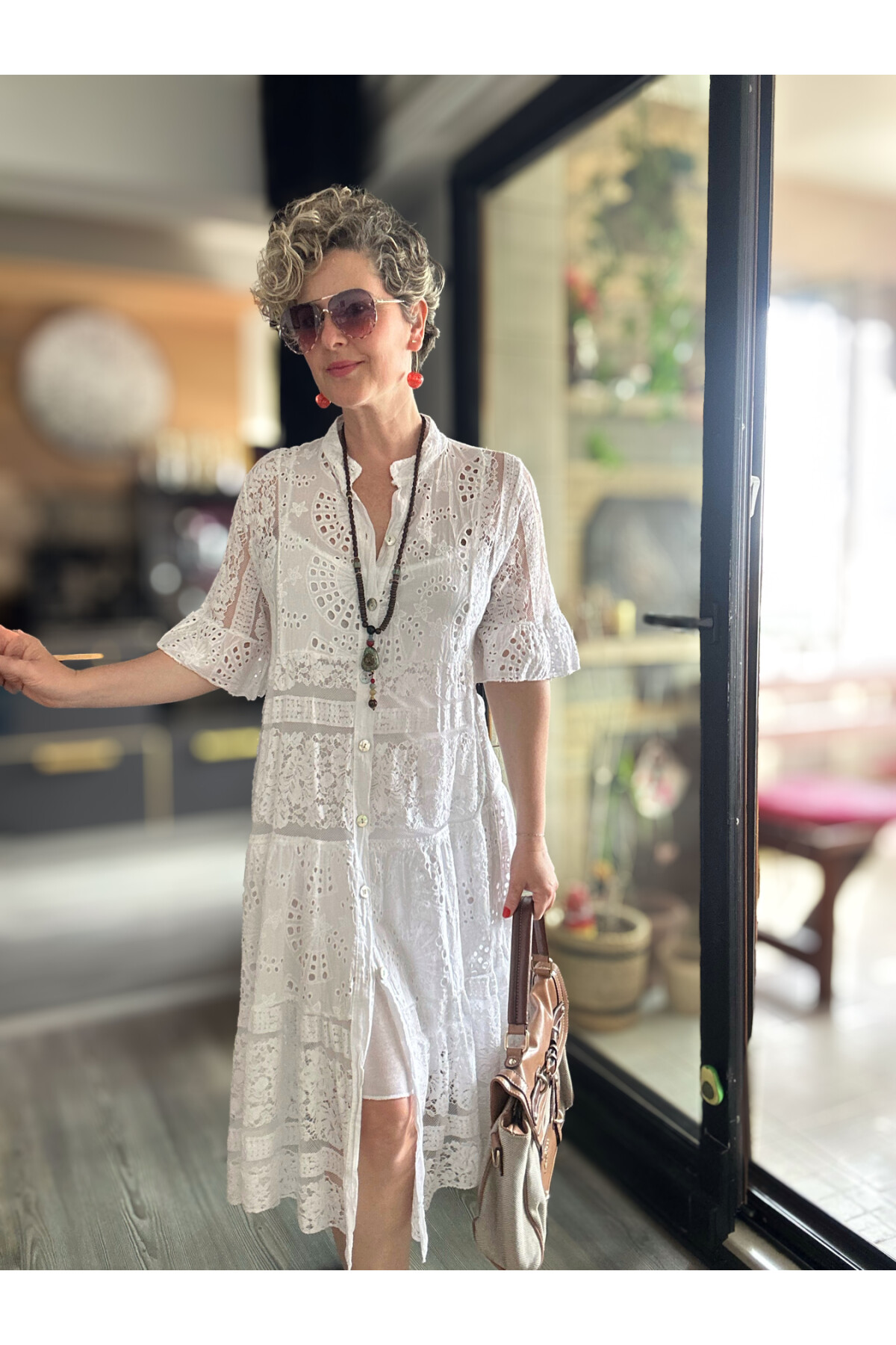 Nessi İtalyan Brode Gömlek Elbise Beyaz