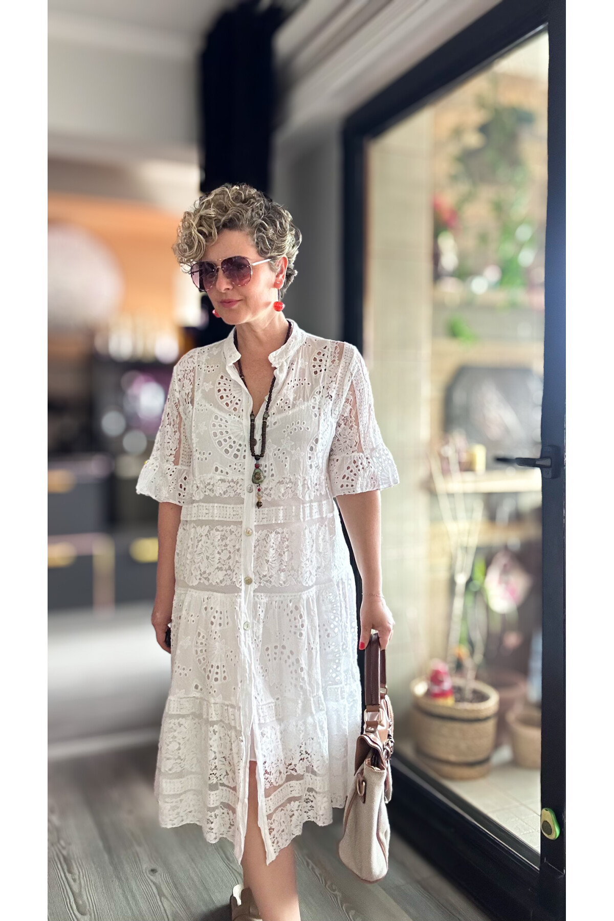 Nessi İtalyan Brode Gömlek Elbise Beyaz