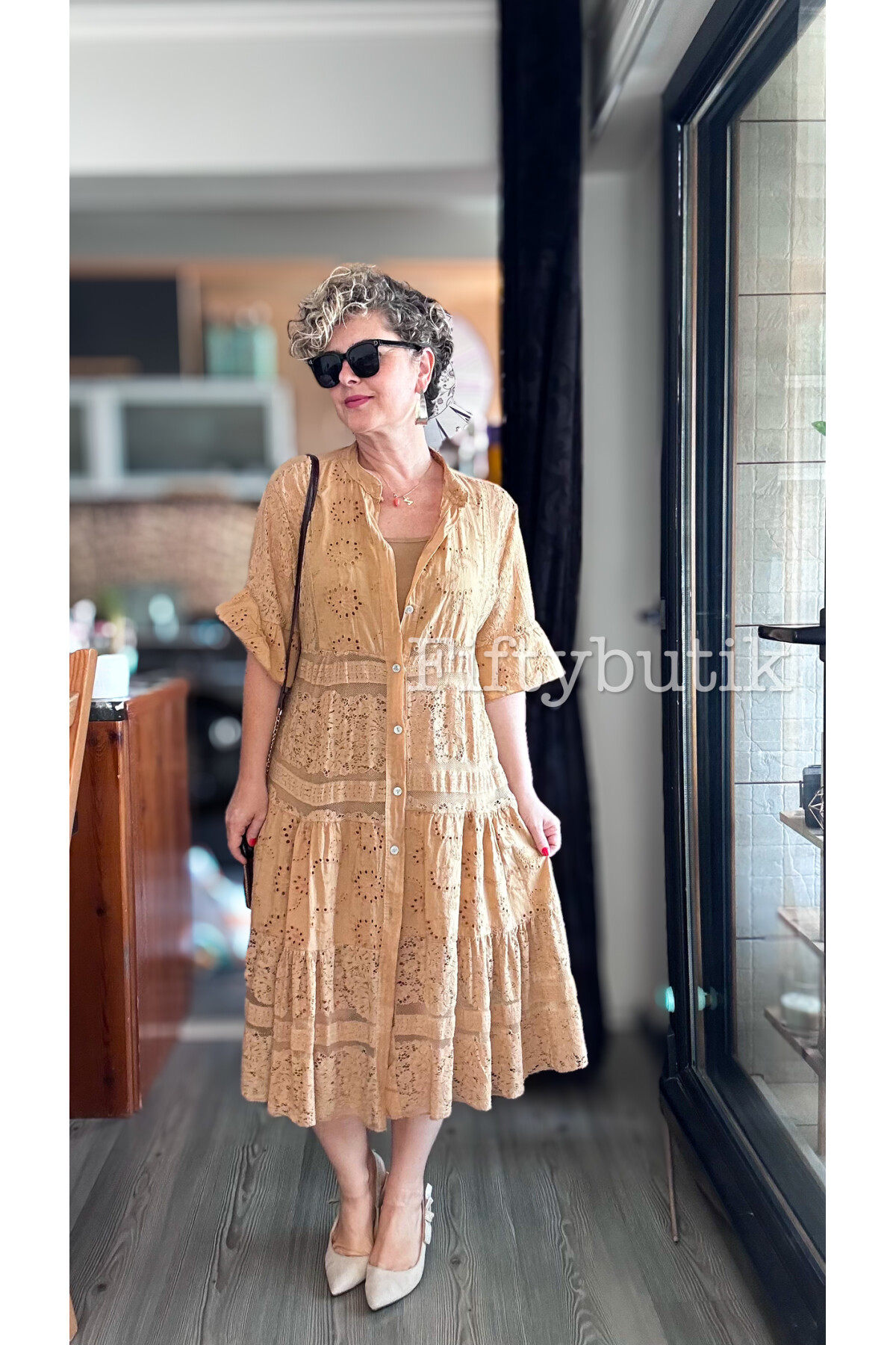 Nessi İtalyan Brode Gömlek Elbise Cappuccino