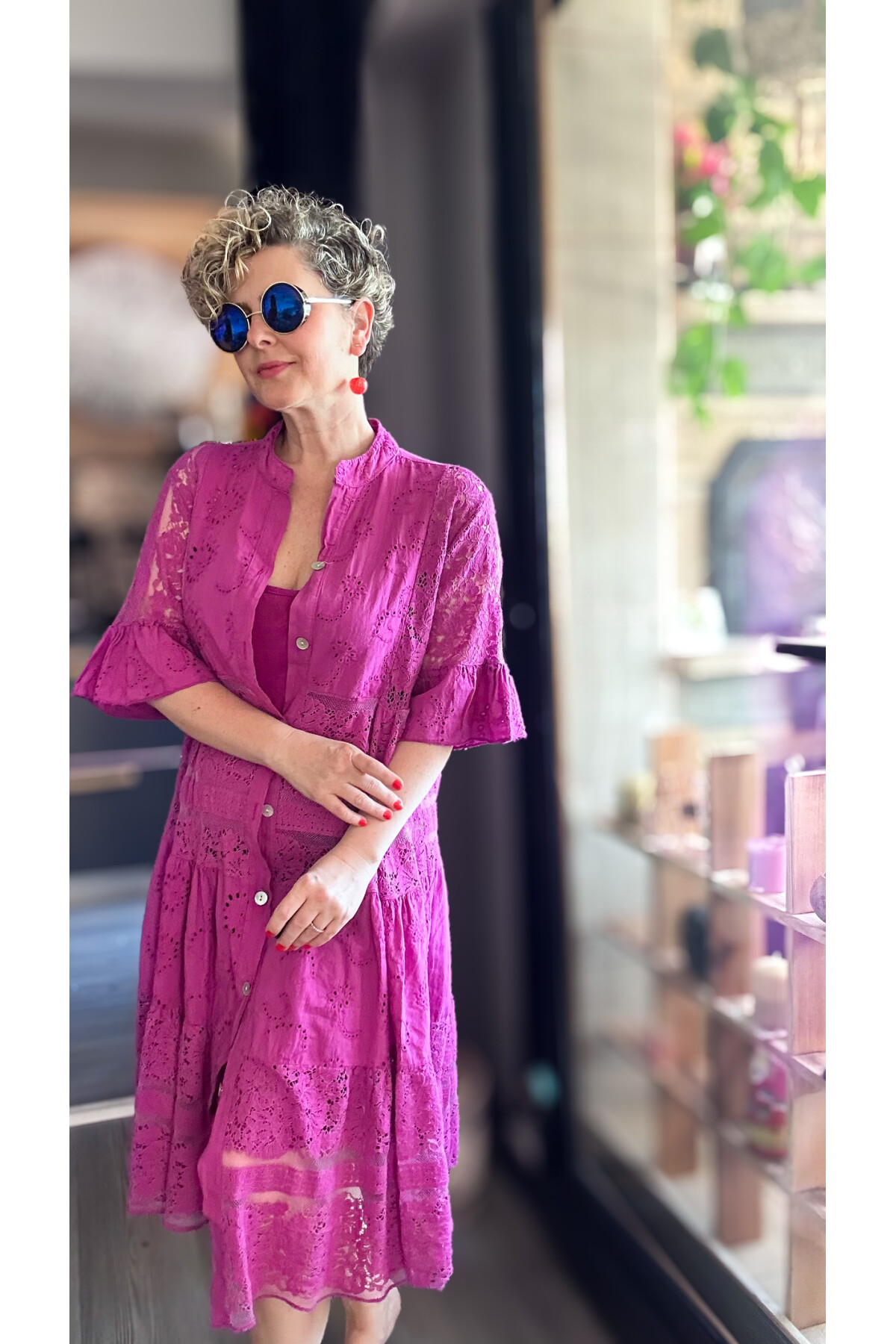 Nessi İtalyan Brode Gömlek Elbise Fuşya