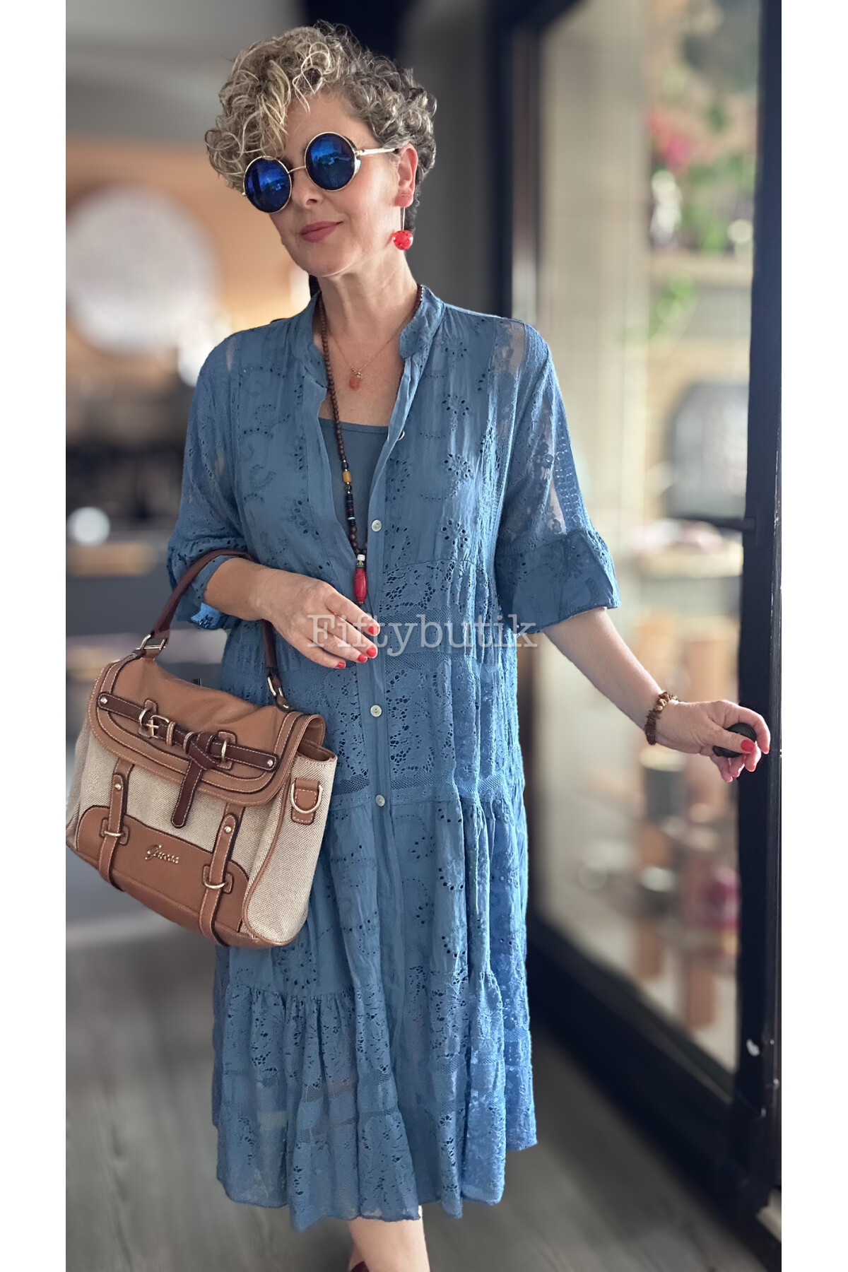 Nessi İtalyan Brode Gömlek Elbise İndigo Mavi