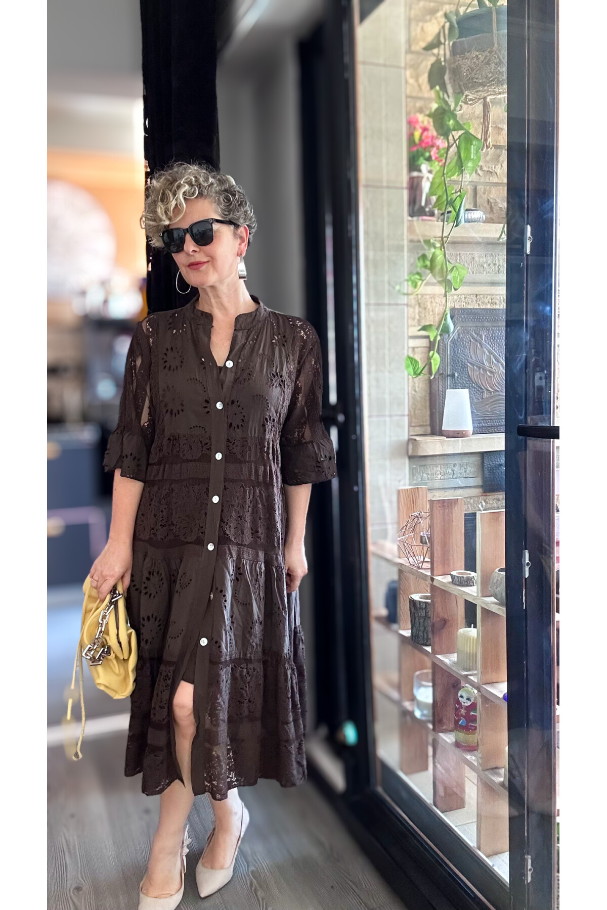 Nessi İtalyan Brode Gömlek Elbise Kahverengi