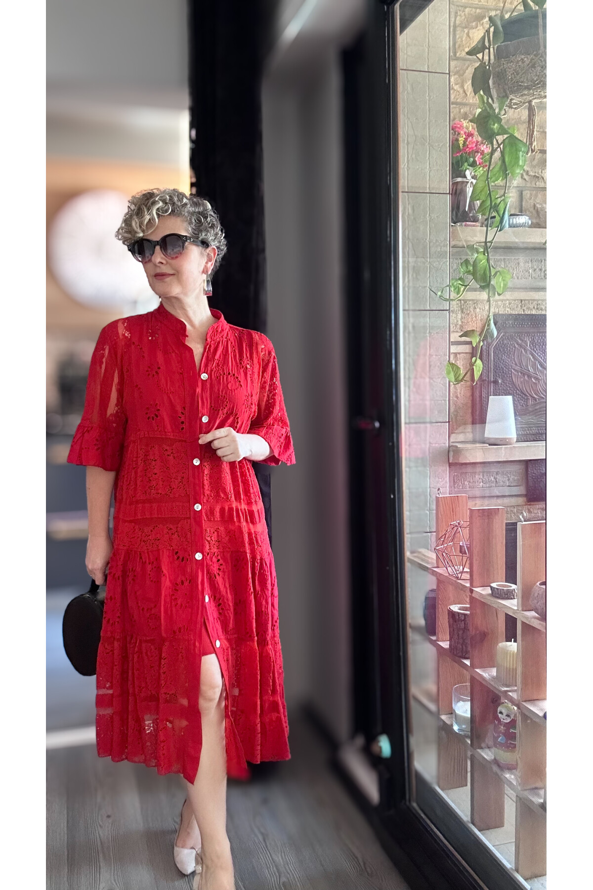 Nessi İtalyan Brode Gömlek Elbise Kırmızı