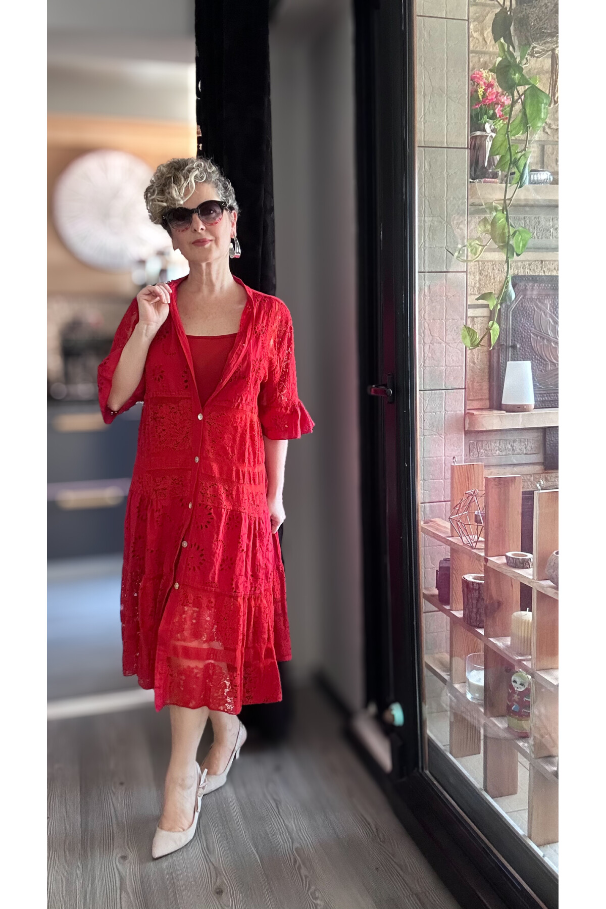 Nessi İtalyan Brode Gömlek Elbise Kırmızı