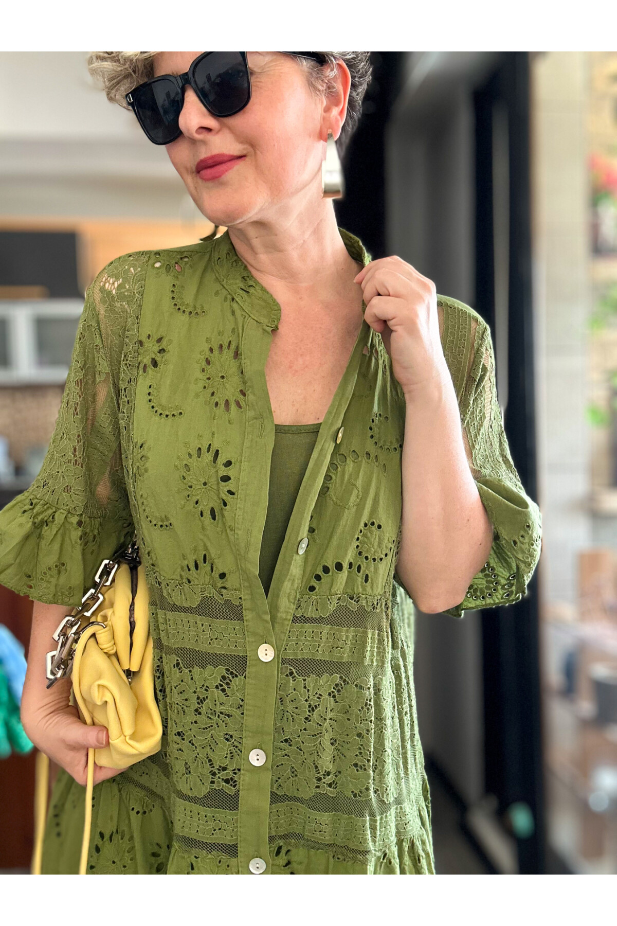 Nessi İtalyan Brode Gömlek Elbise Military Yeşil