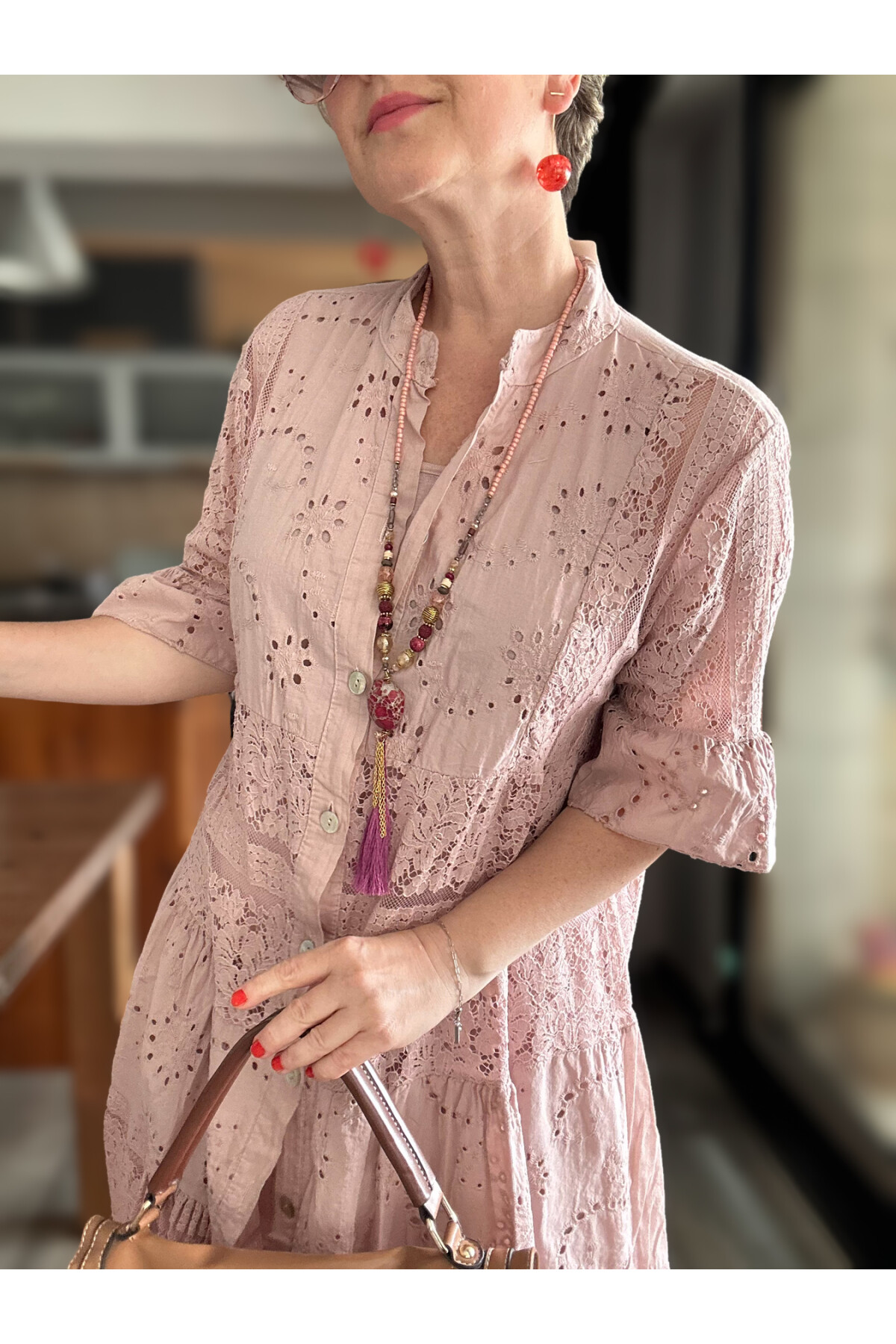 Nessi İtalyan Brode Gömlek Elbise Pudra