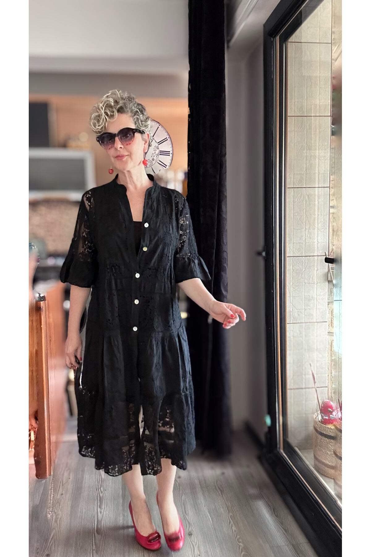 Nessi İtalyan Brode Gömlek Elbise Siyah