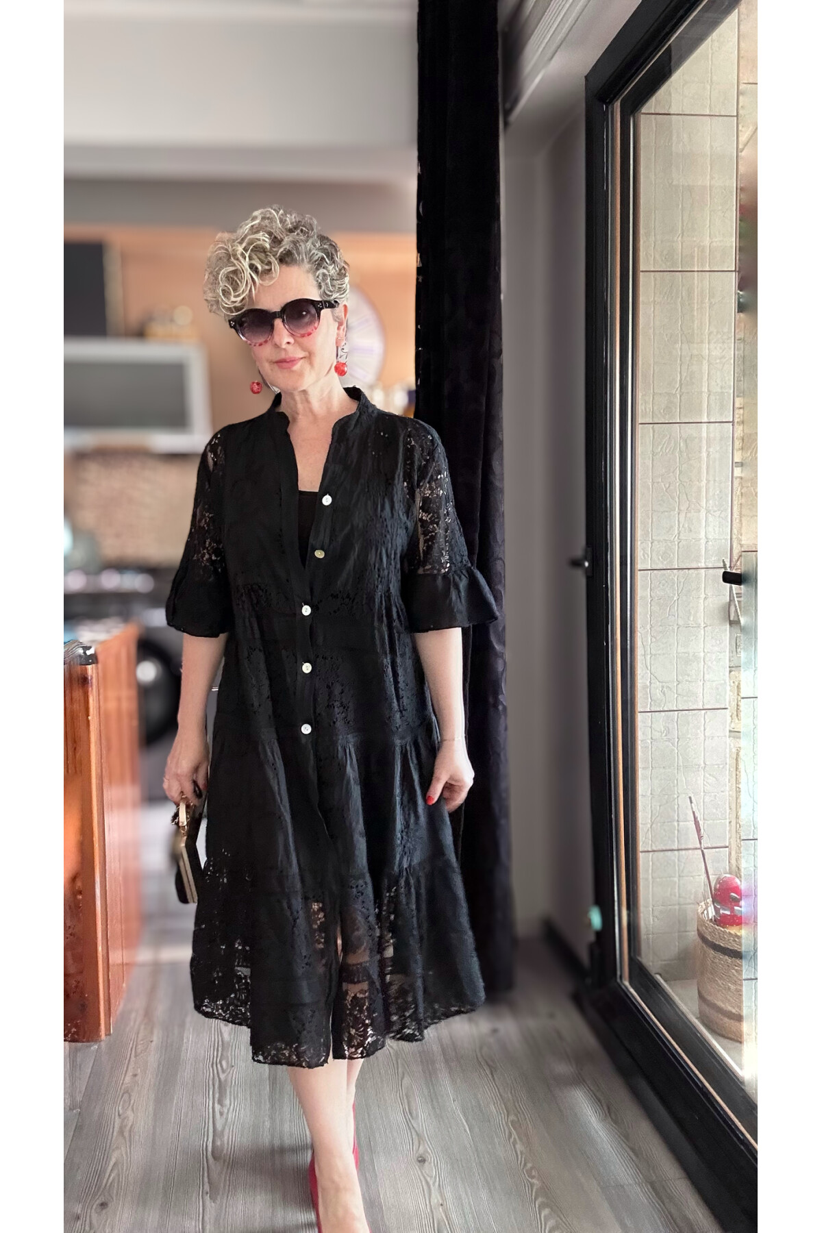 Nessi İtalyan Brode Gömlek Elbise Siyah