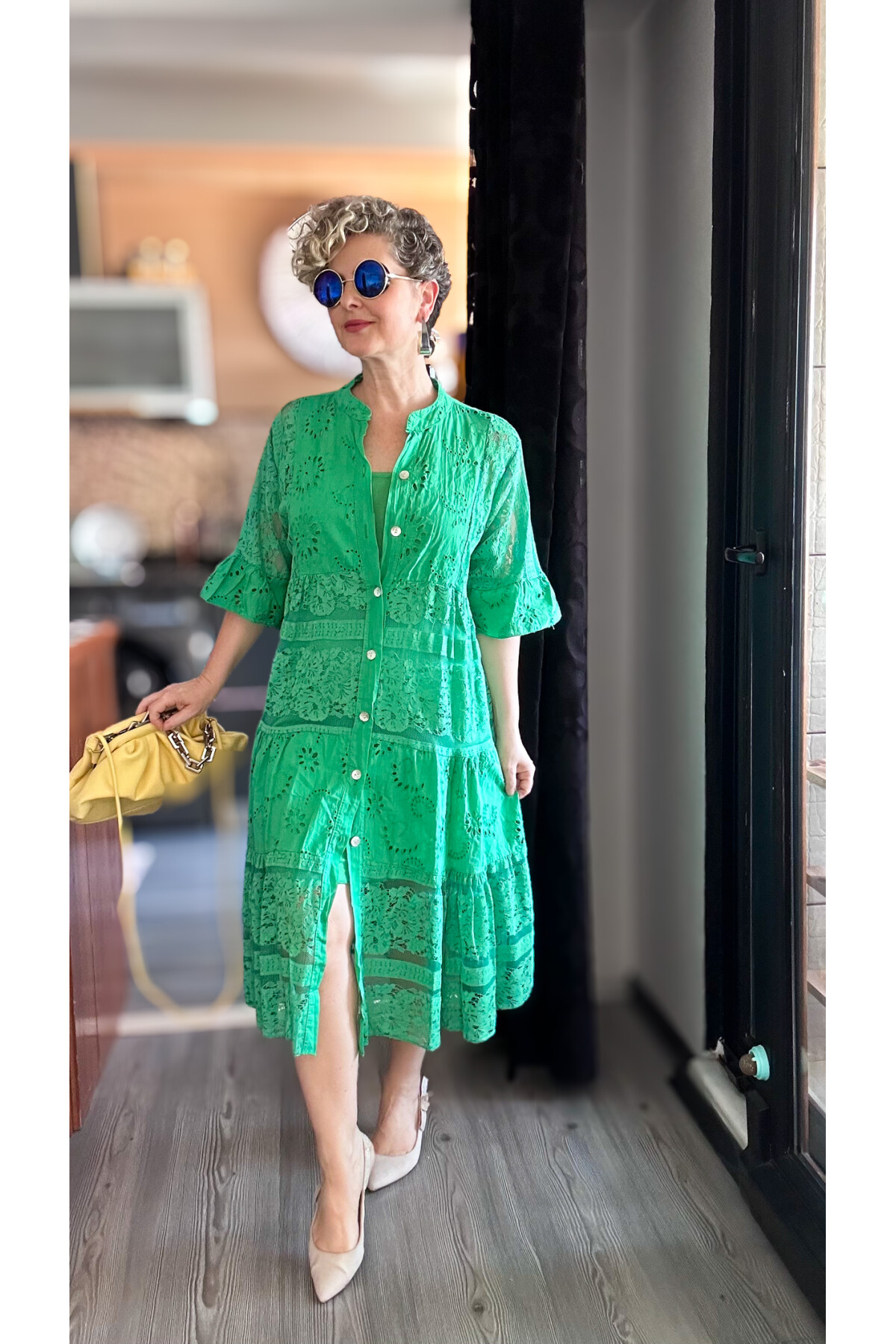Nessi İtalyan Brode Gömlek Elbise Yeşil