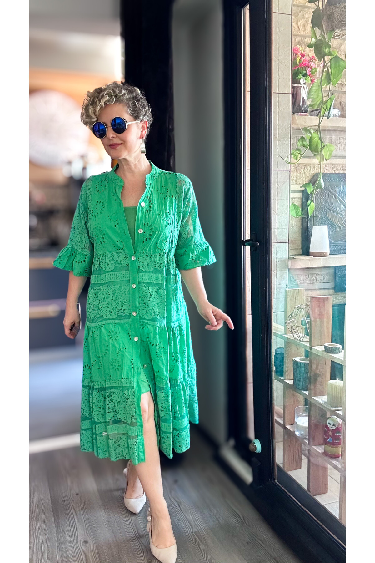 Nessi İtalyan Brode Gömlek Elbise Yeşil