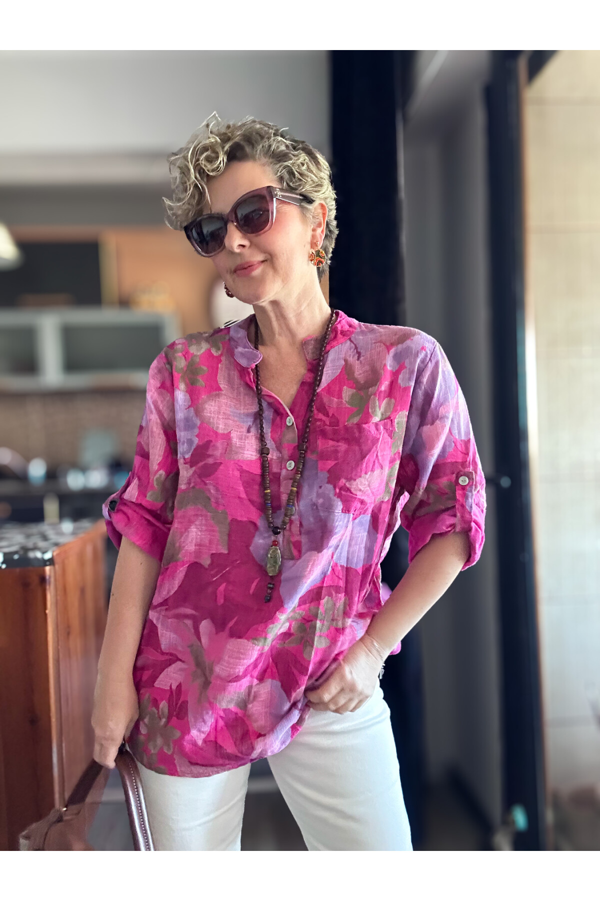 Netti Zambak Desen İtalyan Gömlek Fuşya
