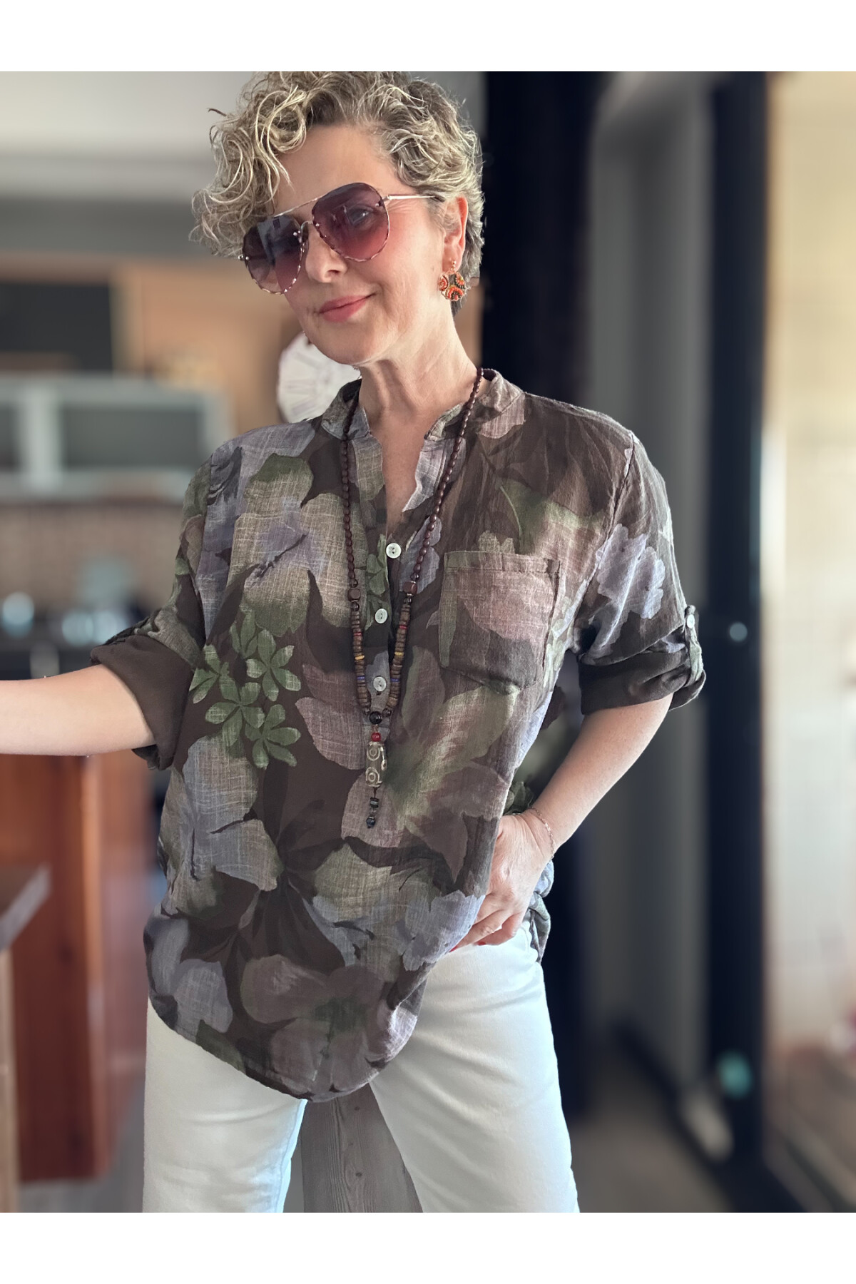 Netti Zambak Desen İtalyan Gömlek Kahve