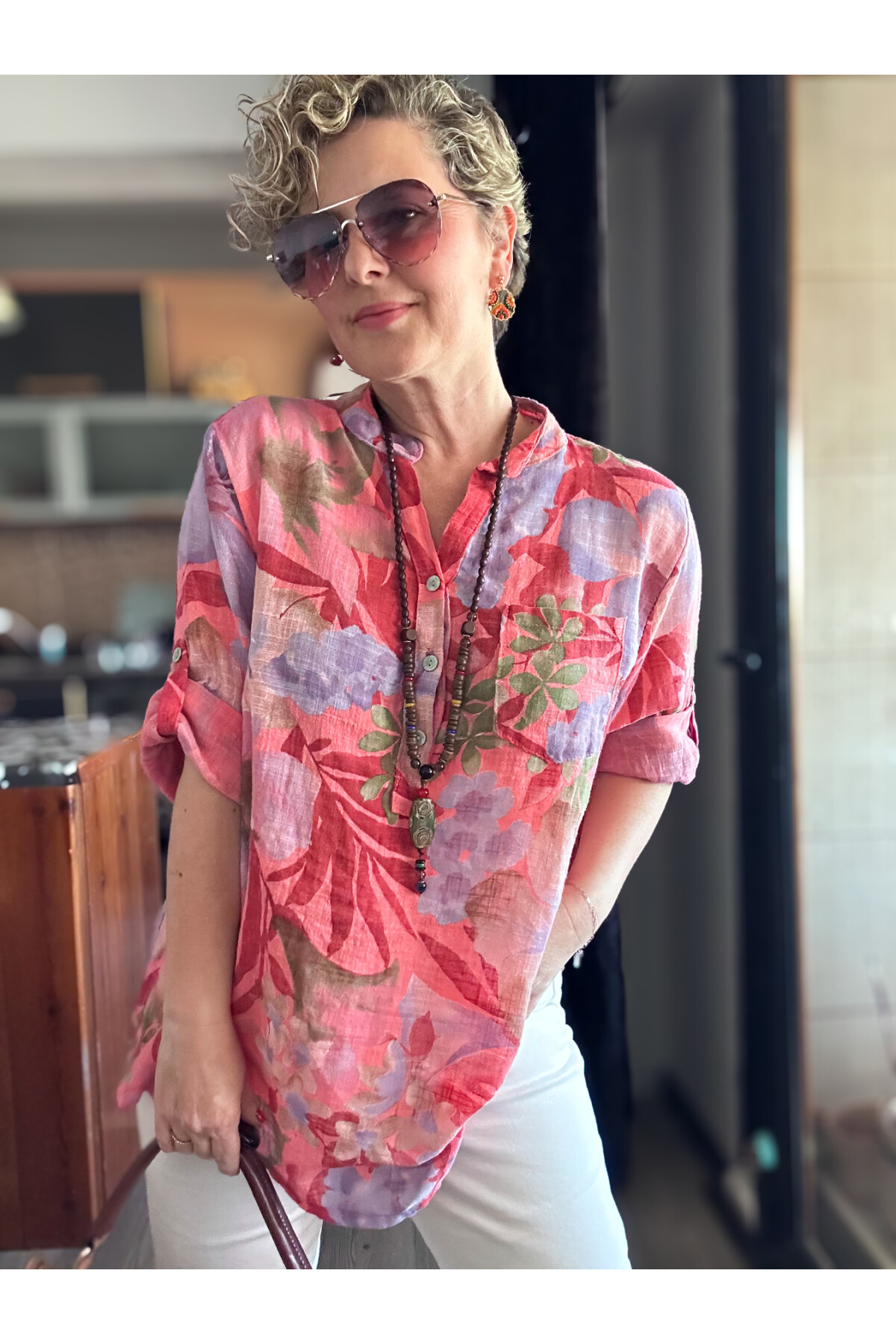 Netti Zambak Desen İtalyan Gömlek Mercan