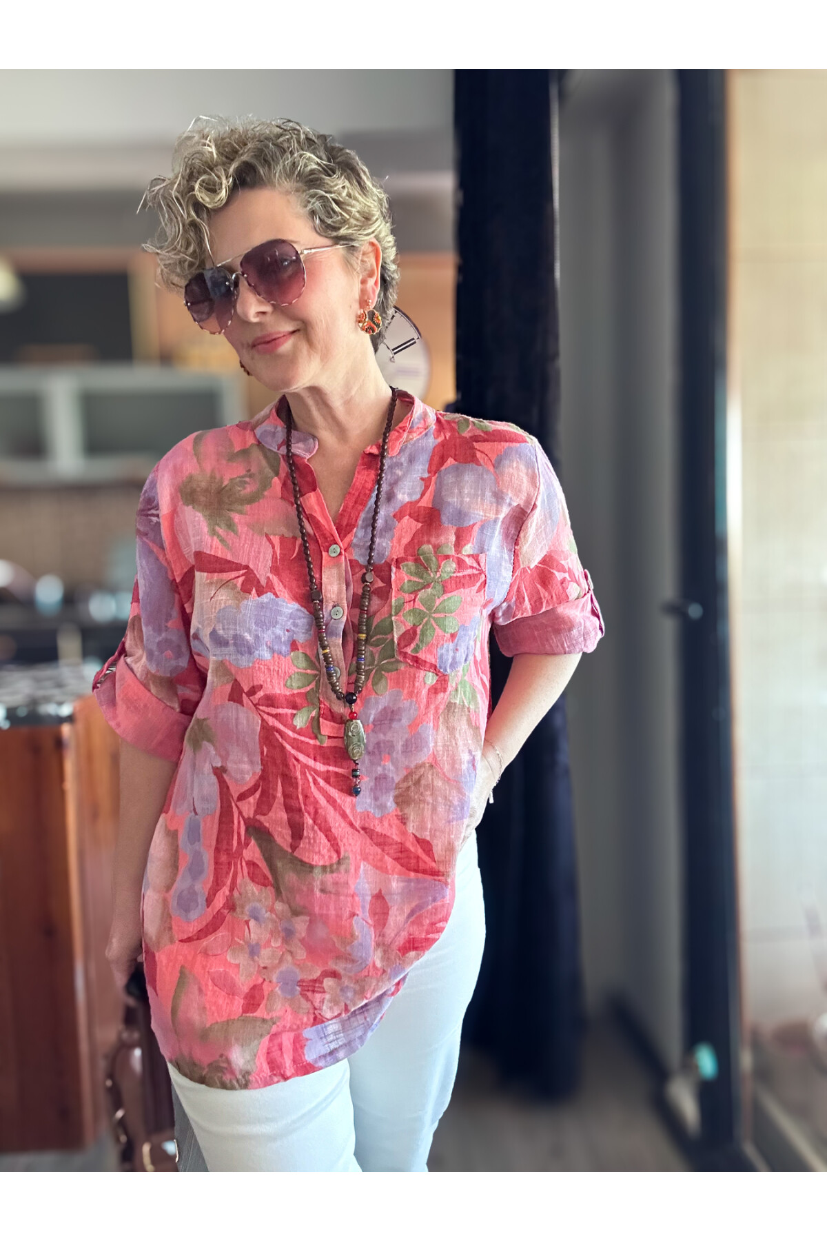 Netti Zambak Desen İtalyan Gömlek Mercan