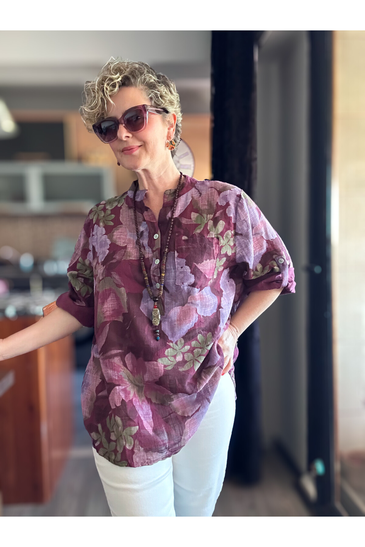 Netti Zambak Desen İtalyan Gömlek Mürdüm