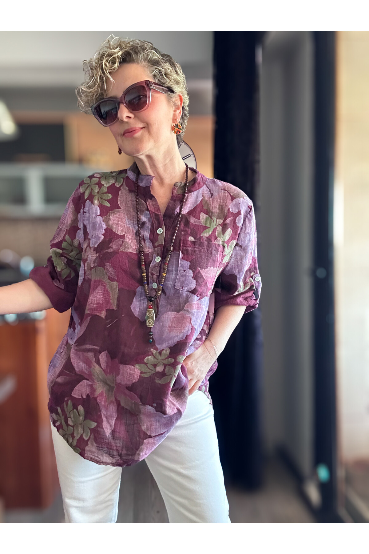 Netti Zambak Desen İtalyan Gömlek Mürdüm