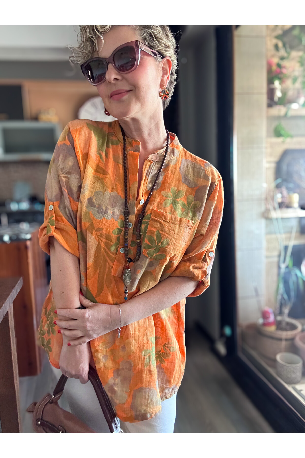 Netti Zambak Desen İtalyan Gömlek Turuncu