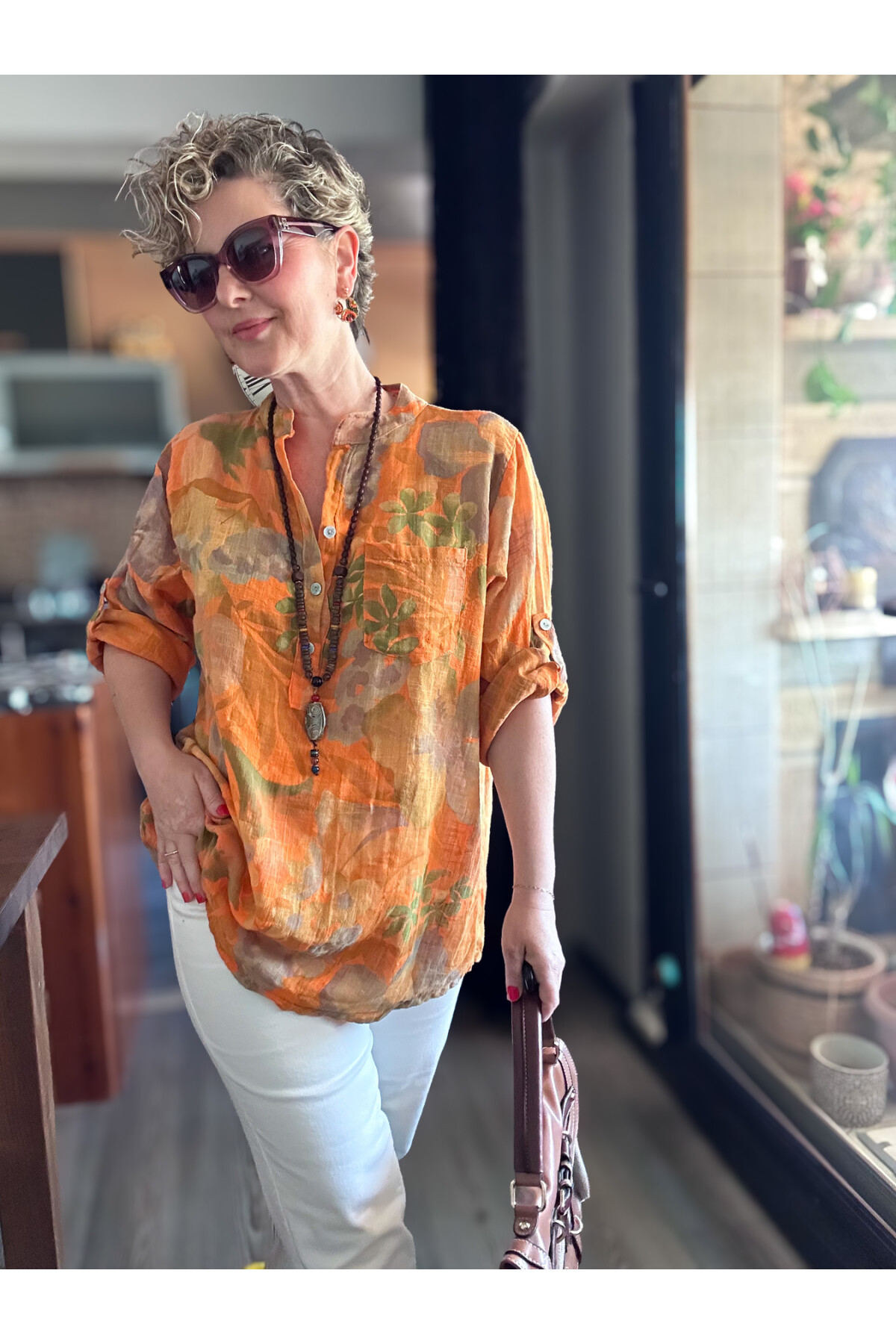 Netti Zambak Desen İtalyan Gömlek Turuncu