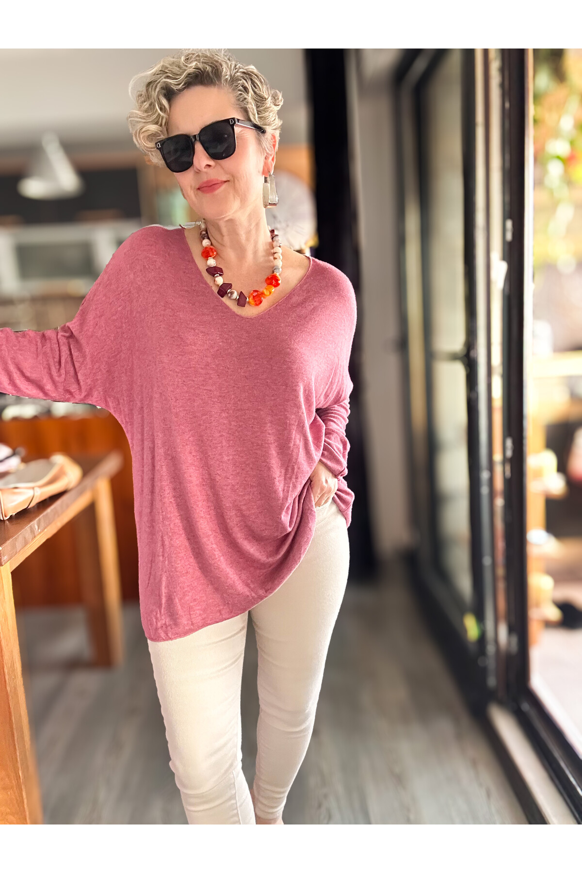 Nonna İthal V Yaka Tasarım Triko Gül Kurusu