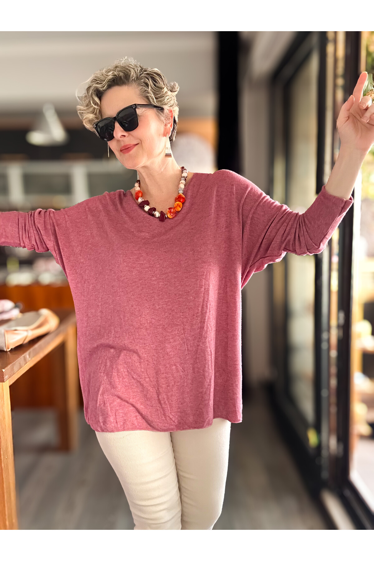 Nonna İthal V Yaka Tasarım Triko Gül Kurusu