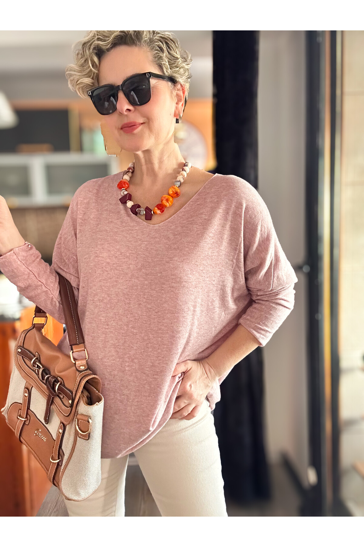 Nonna İthal V Yaka Tasarım Triko Pudra