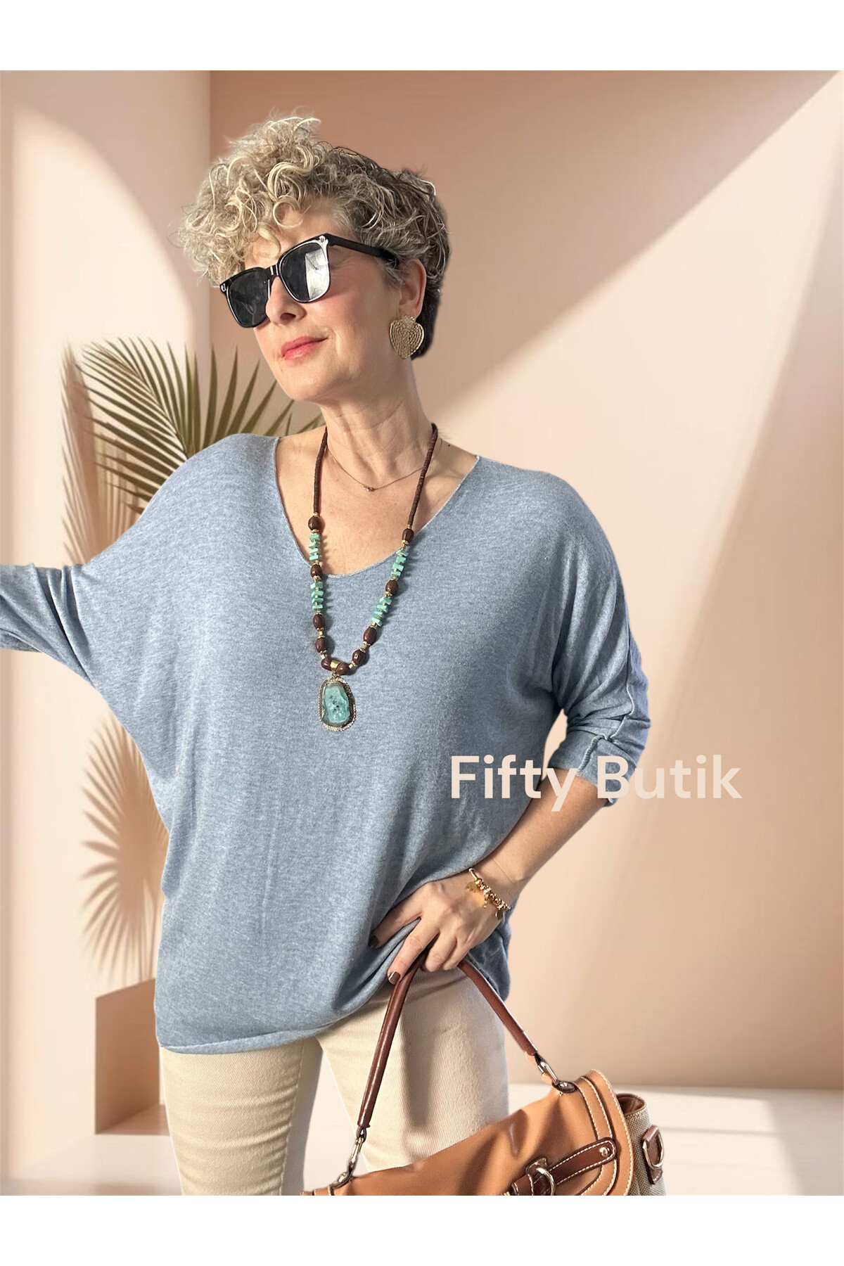 Nonna İthal V Yaka Tasarım Triko Açık Mavi
