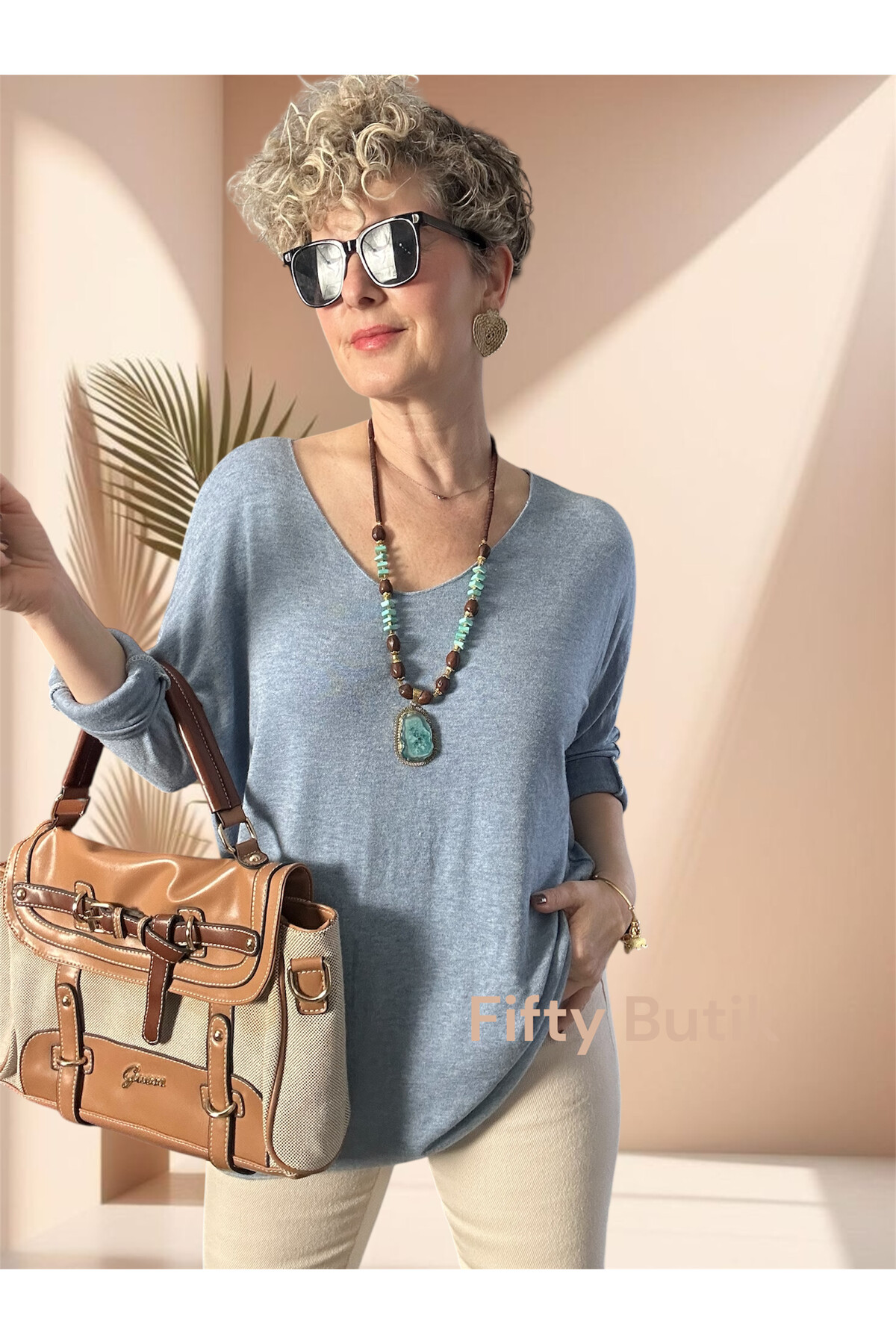 Nonna İthal V Yaka Tasarım Triko Açık Mavi