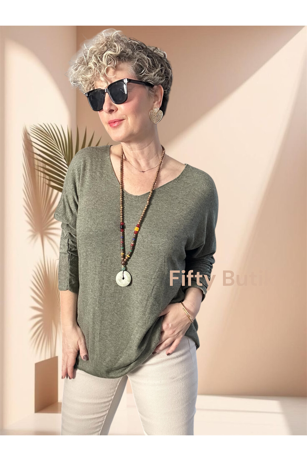 Nonna İthal V Yaka Tasarım Triko Haki