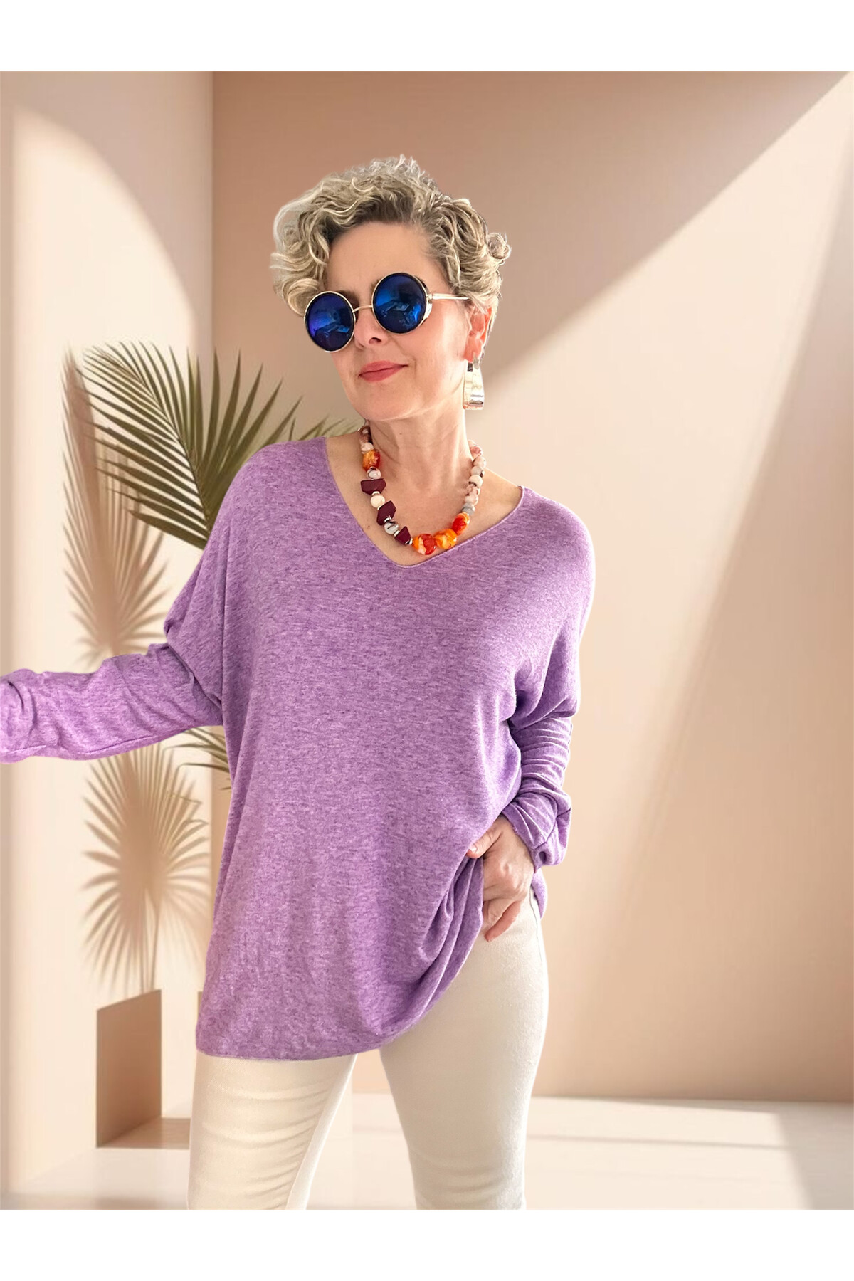 Nonna İthal V Yaka Tasarım Triko Lila