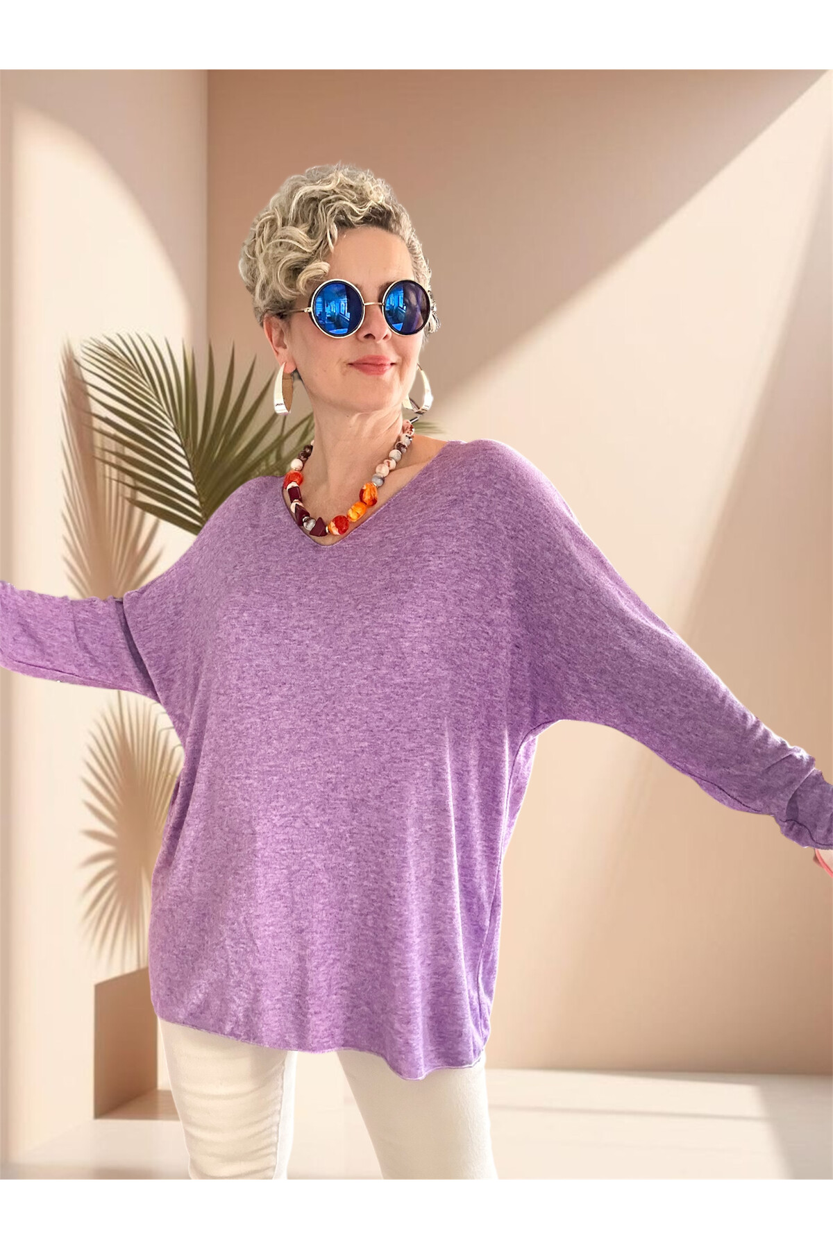 Nonna İthal V Yaka Tasarım Triko Lila