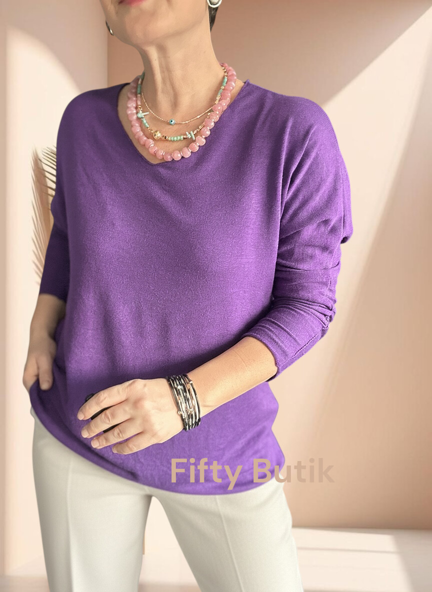 Nonna İthal V Yaka Tasarım Triko Menekşe