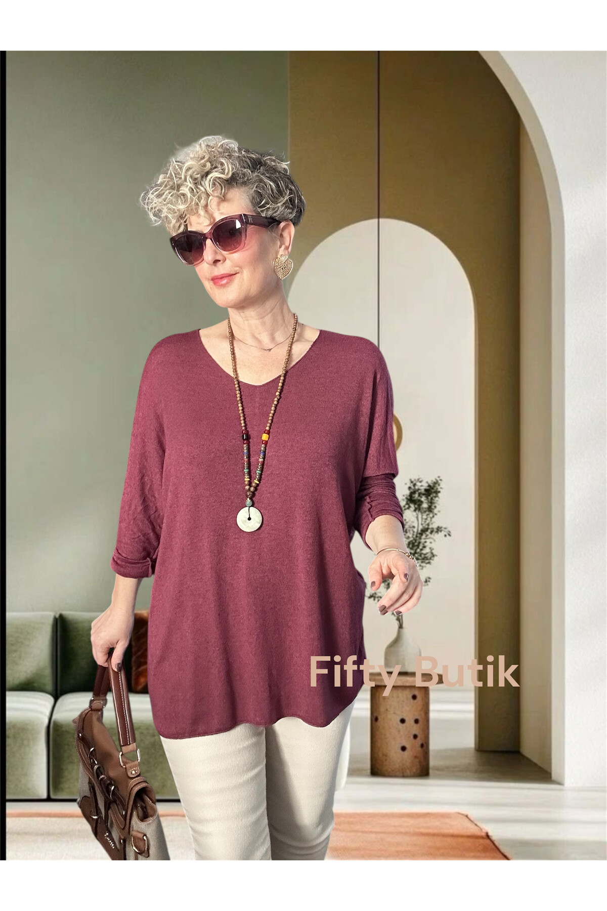 Nonna İthal V Yaka Tasarım Triko Mürdüm