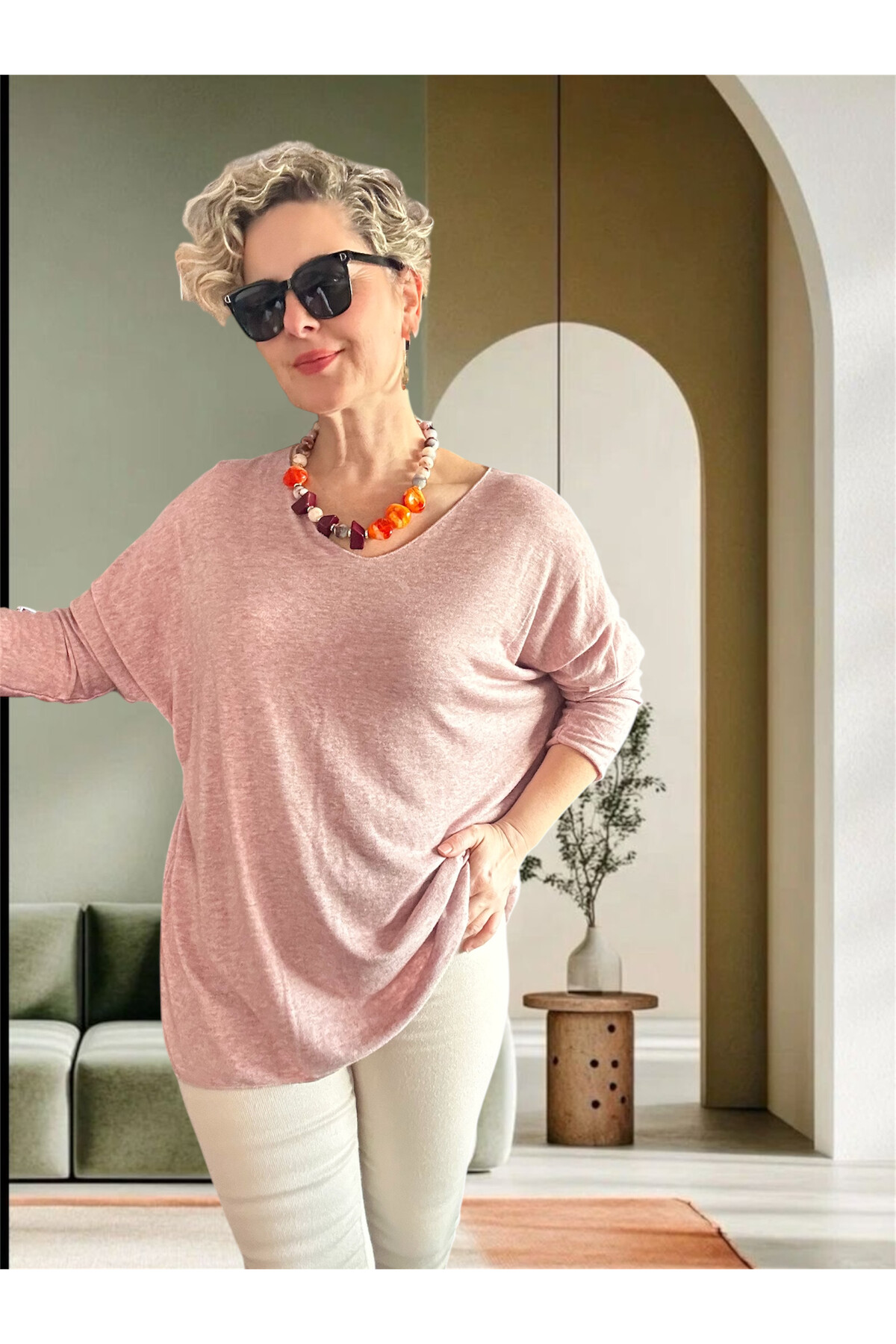 Nonna İthal V Yaka Tasarım Triko Pudra