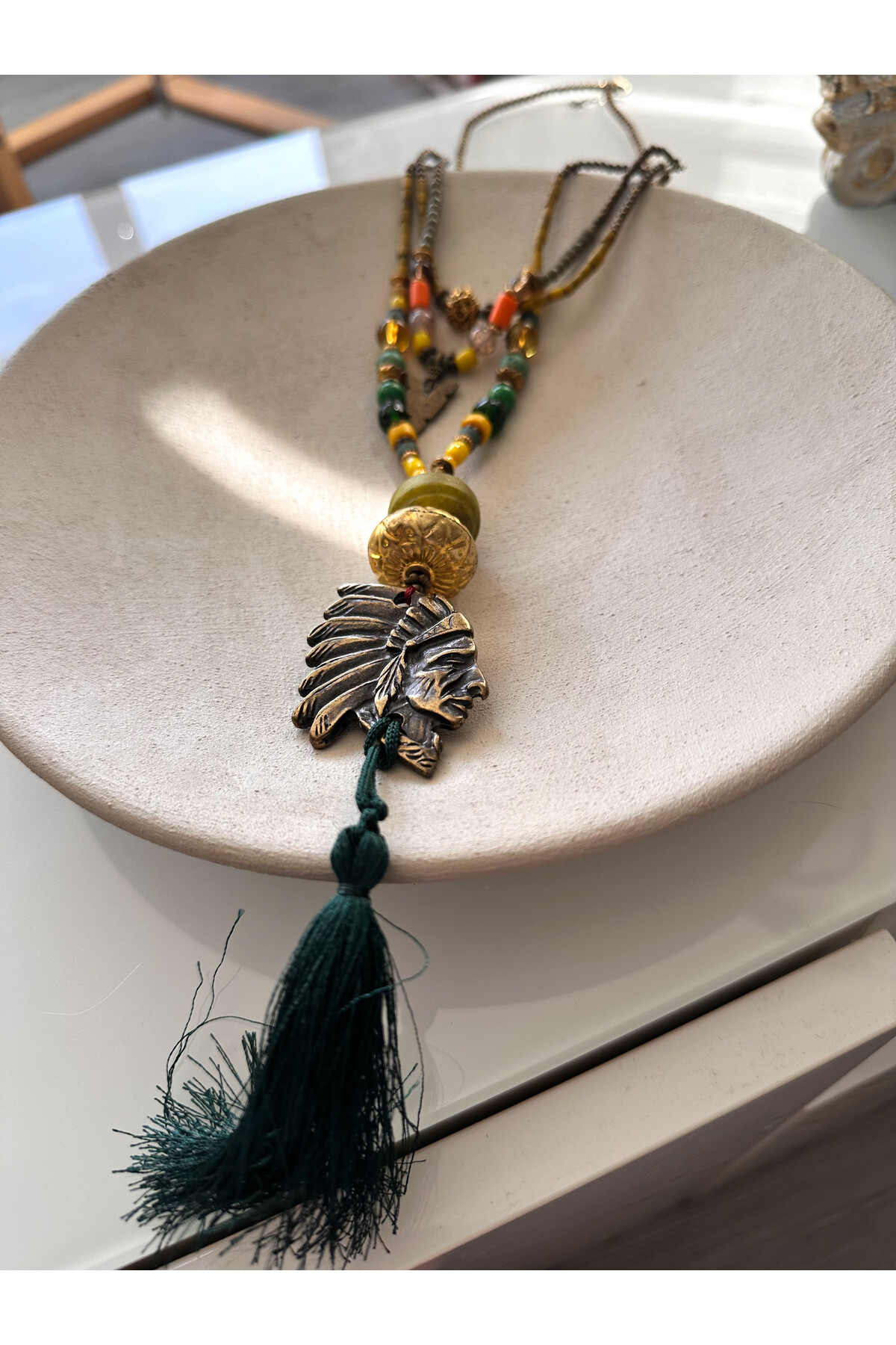 Opalya Pirinç Cam Etnik Kolye