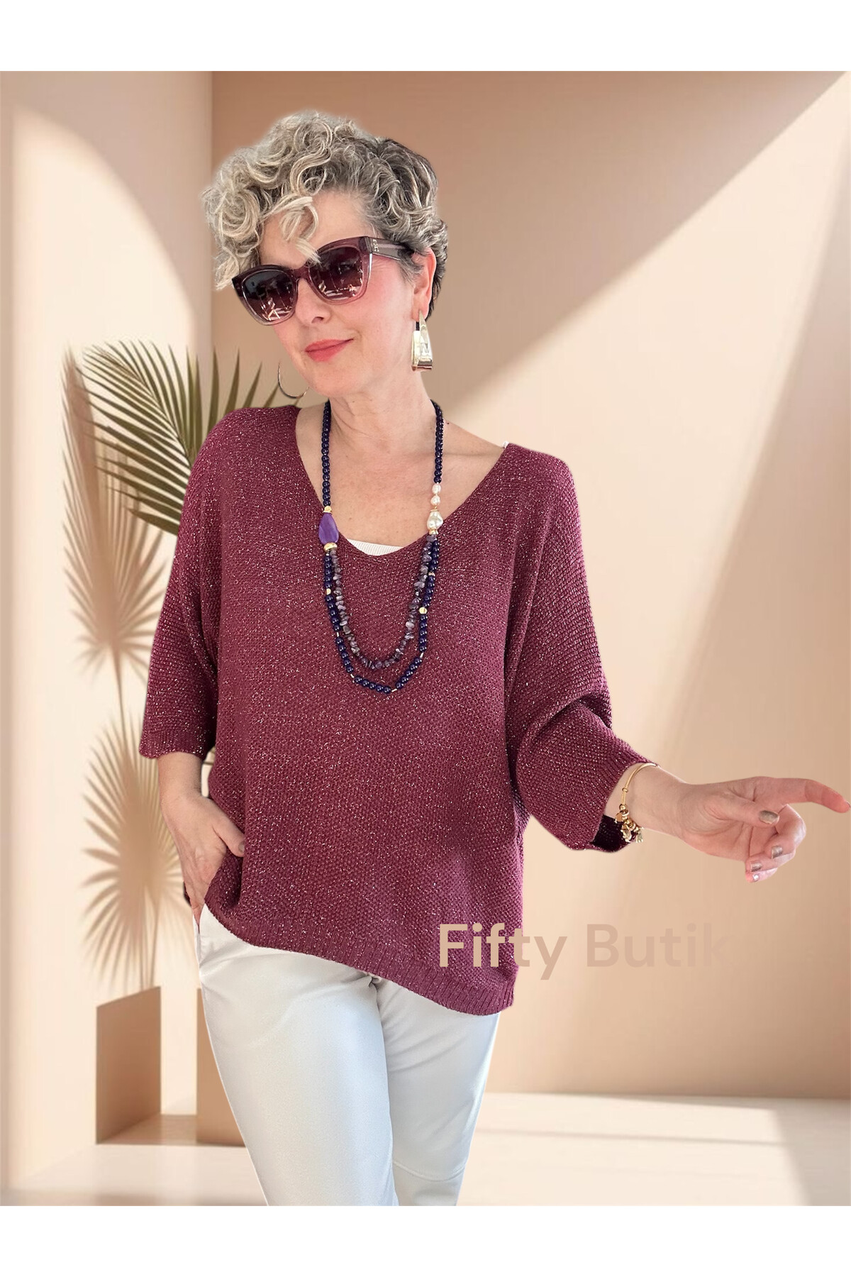 Otto İtalyan Sim Detay Triko Bluz Bordo