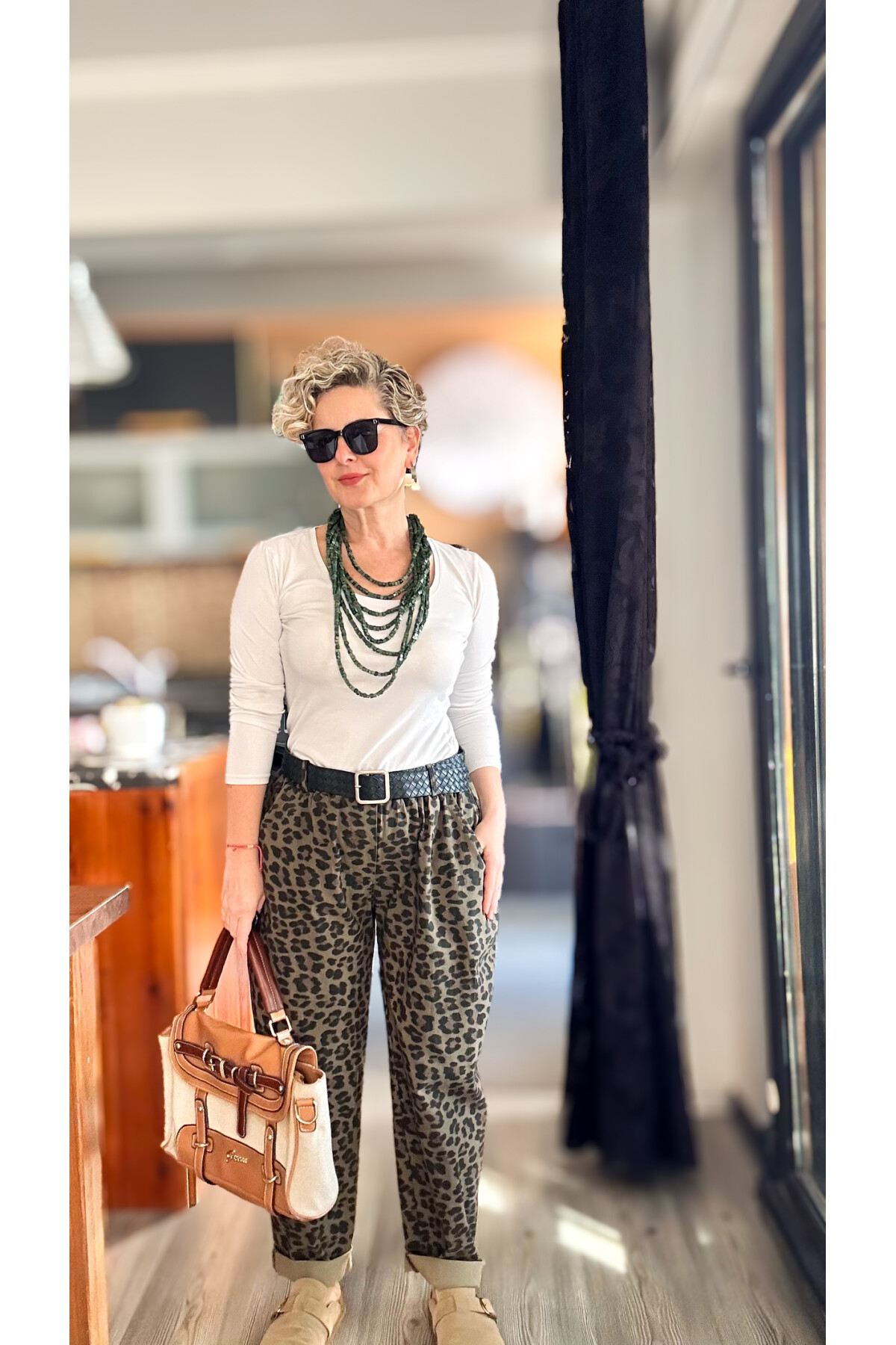 Oyyo İtalyan Deri Kemer Leopar Desen Pantolon Kahverengi