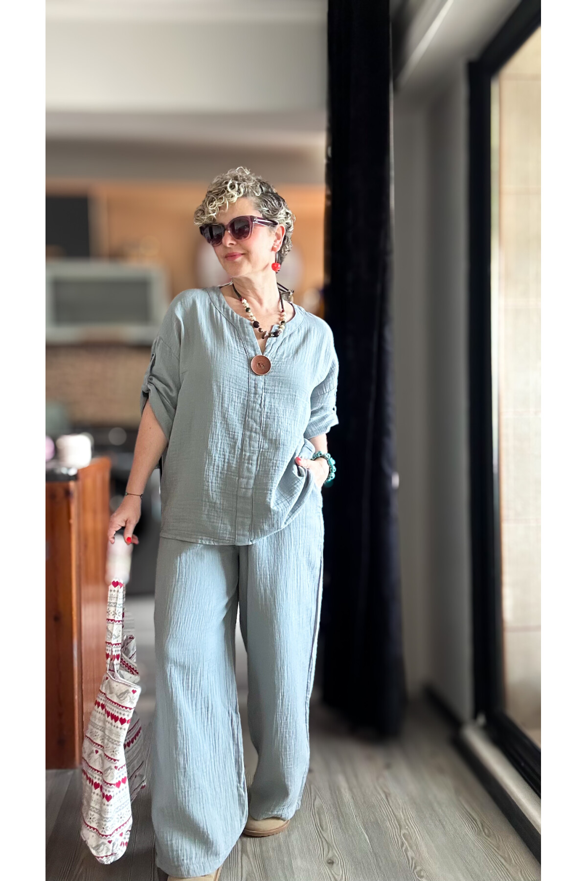 Passero Müslin Tahta Düğmeli Bluz Pantolon Takım Açık Gri