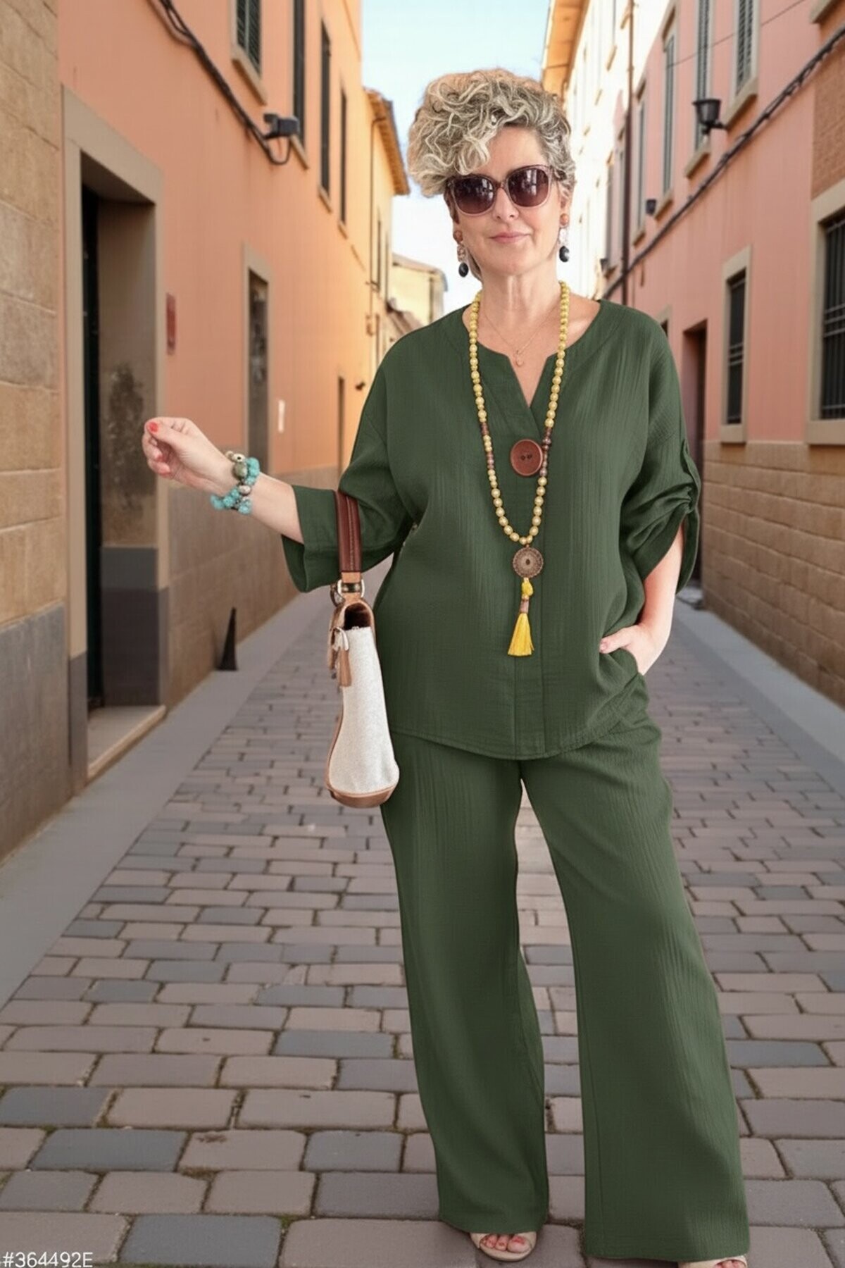 Passero Müslin Tahta Düğmeli Bluz Pantolon Takım Haki Yeşil