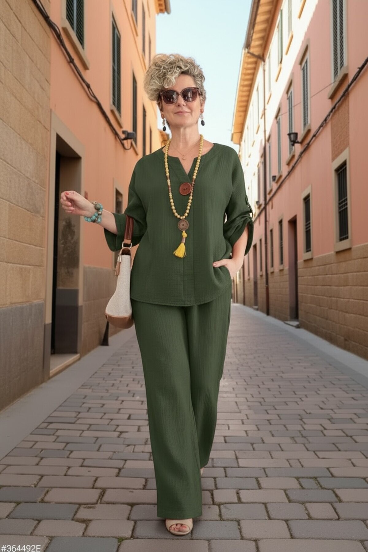 Passero Müslin Tahta Düğmeli Bluz Pantolon Takım Haki Yeşil