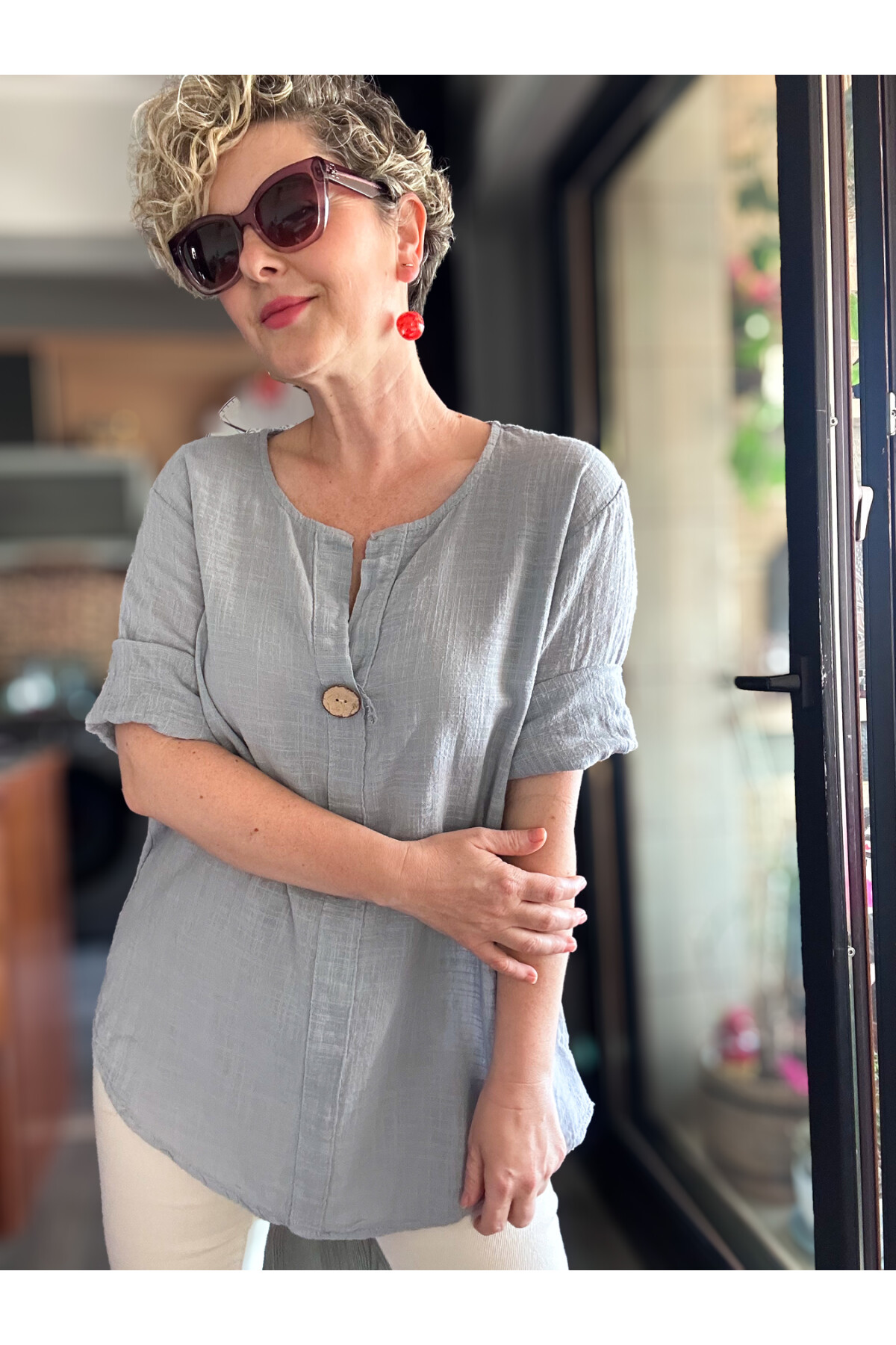 Peppino İtalyan Tahta Düğme Detay Bluz Açık Gri