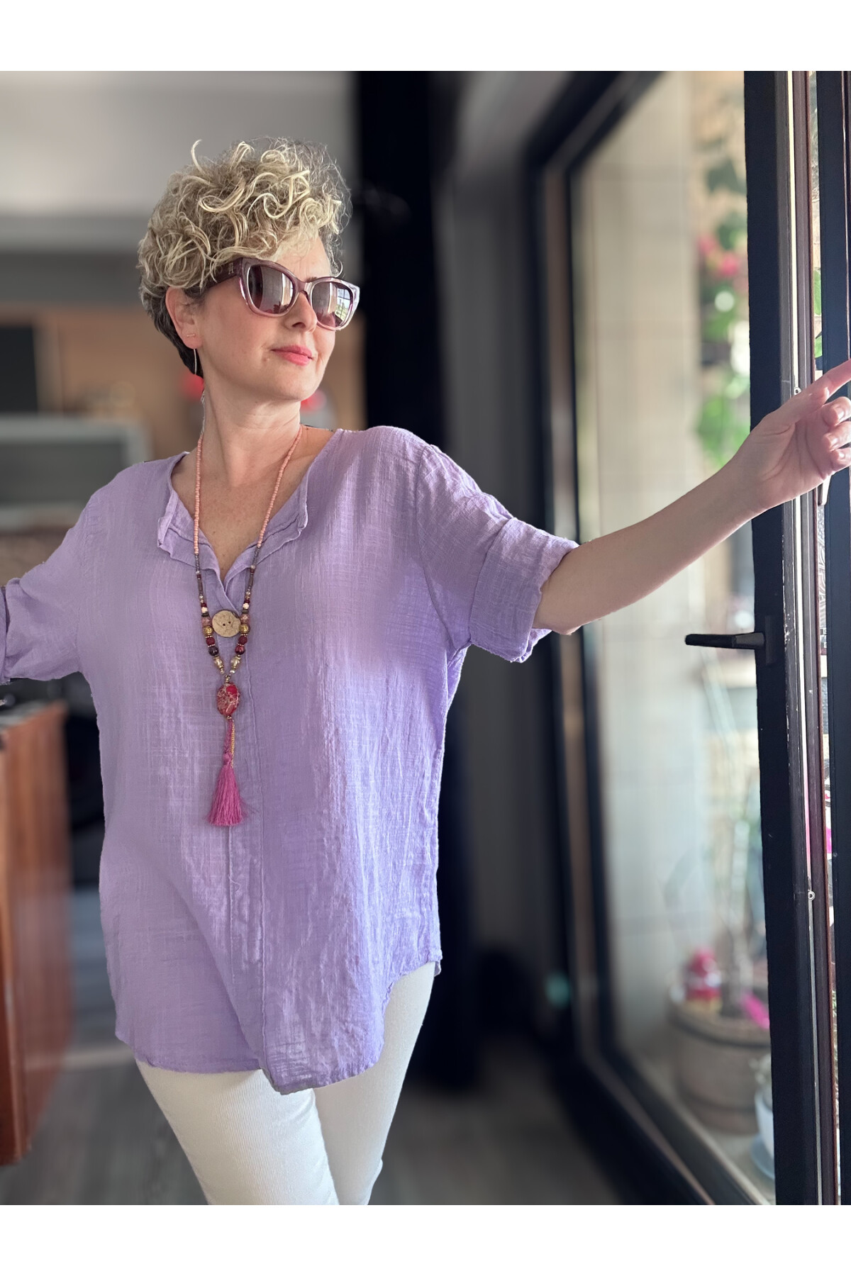 Peppino İtalyan Tahta Düğme Detay Bluz Eflatun