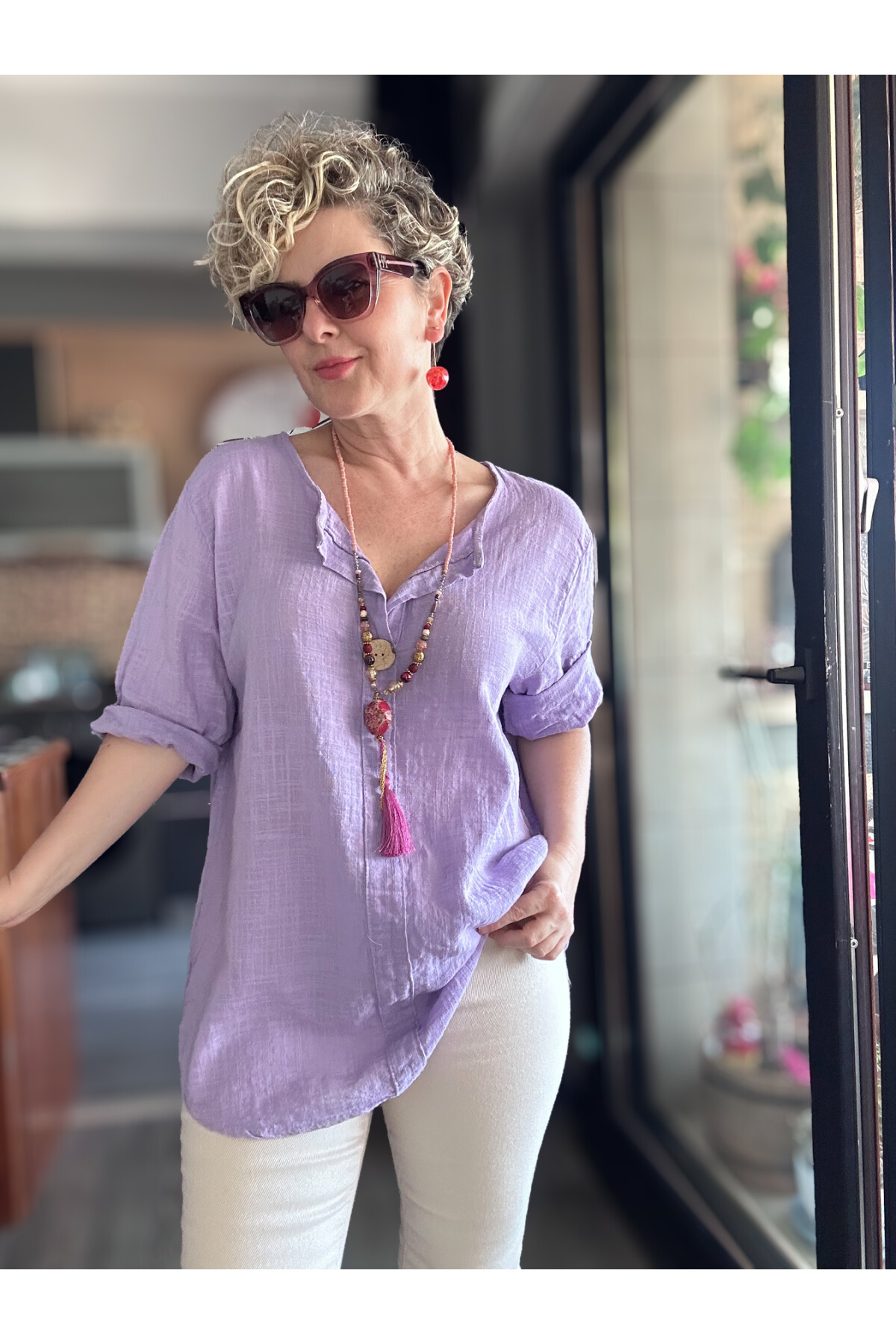 Peppino İtalyan Tahta Düğme Detay Bluz Eflatun