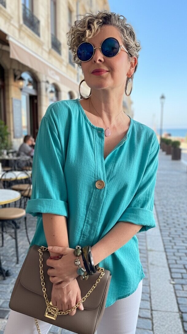 Peppino İtalyan Tahta Düğme Detay Bluz Lagoon