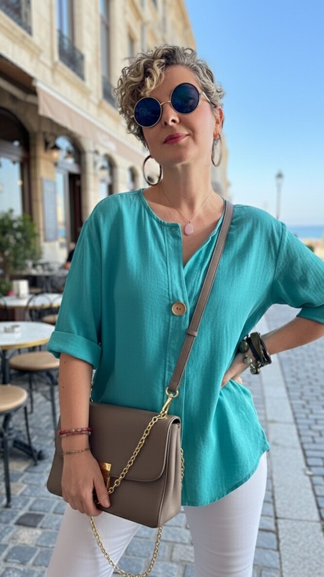 Peppino İtalyan Tahta Düğme Detay Bluz Lagoon